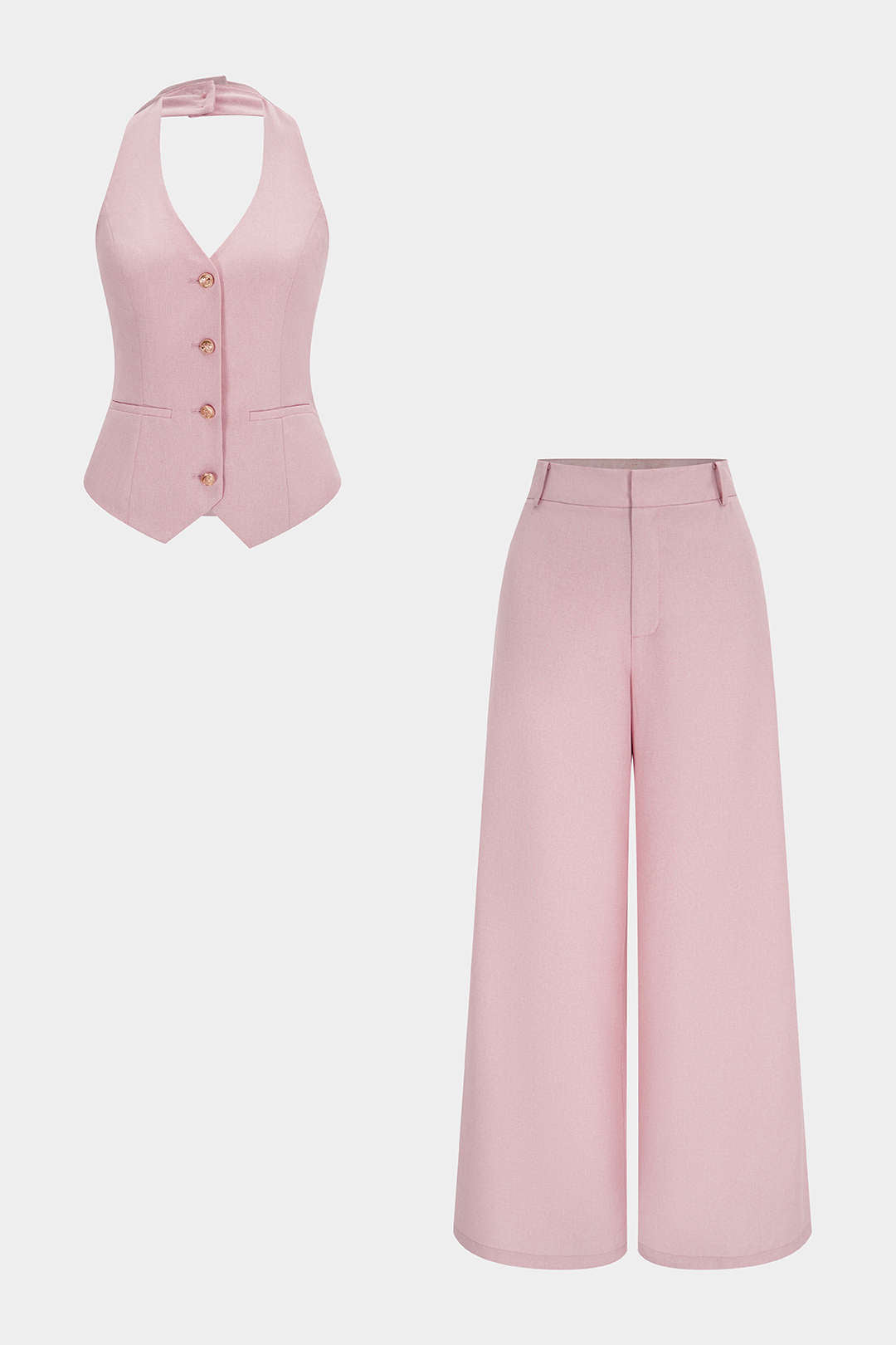 Leinen-Neckholder-Knopfweste und Hose mit hoher Taille und weitem Bein-Set
