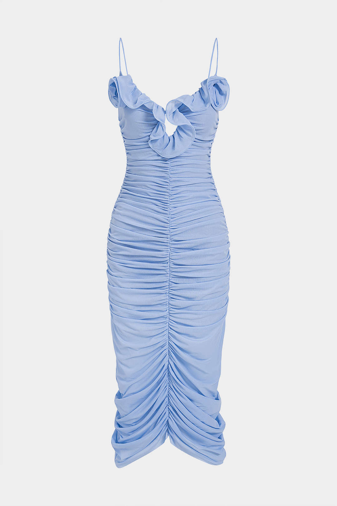 Ärmelloses Midi-Kleid mit Muschelsaum und Raffungen aus Mesh