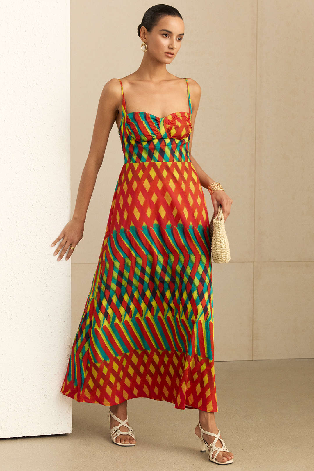Geometric Print Smocked Slip Sleeveless Maxi Dress