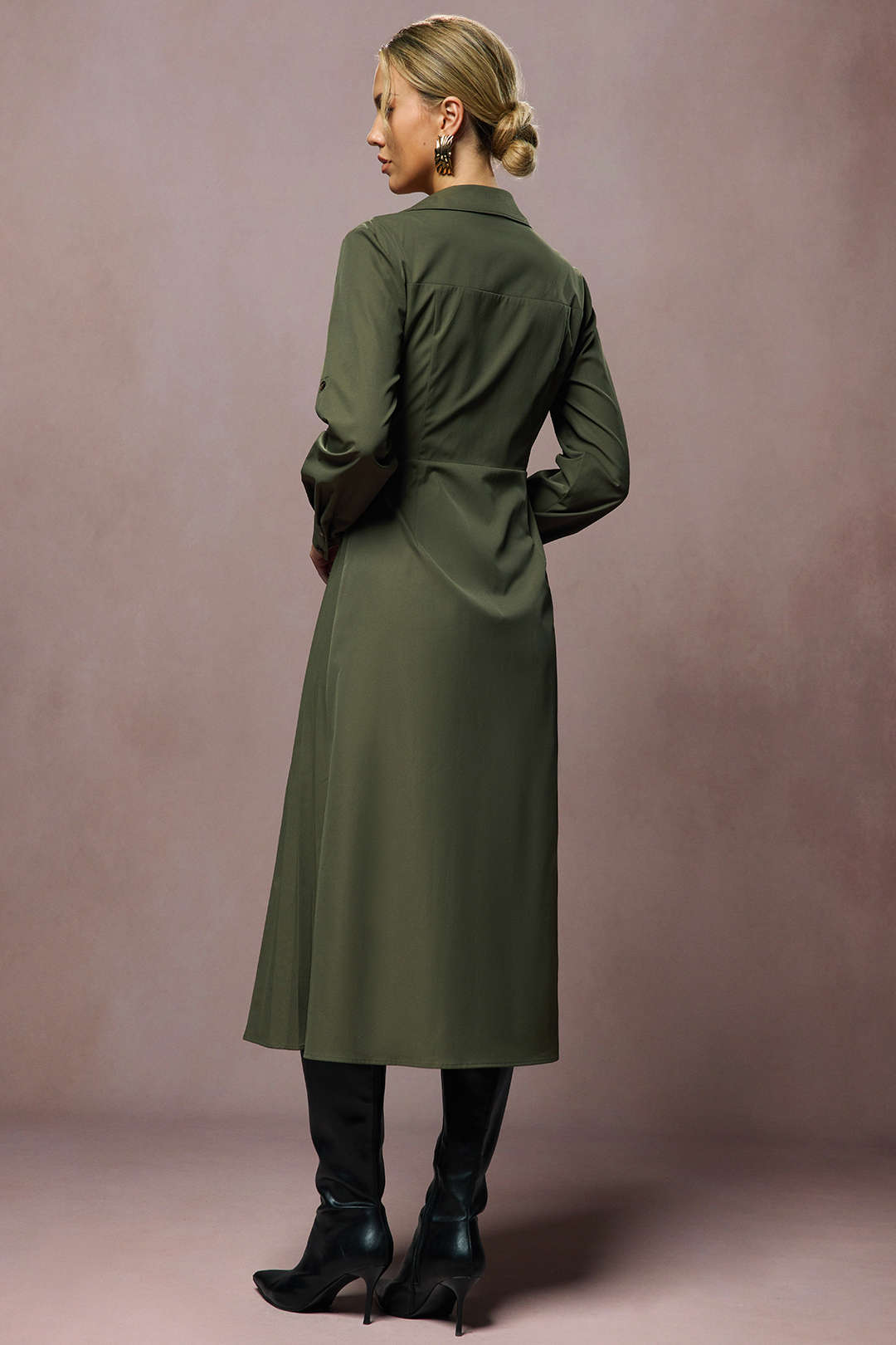 Tie-Up V-Neck Long Sleeve Midi Dress