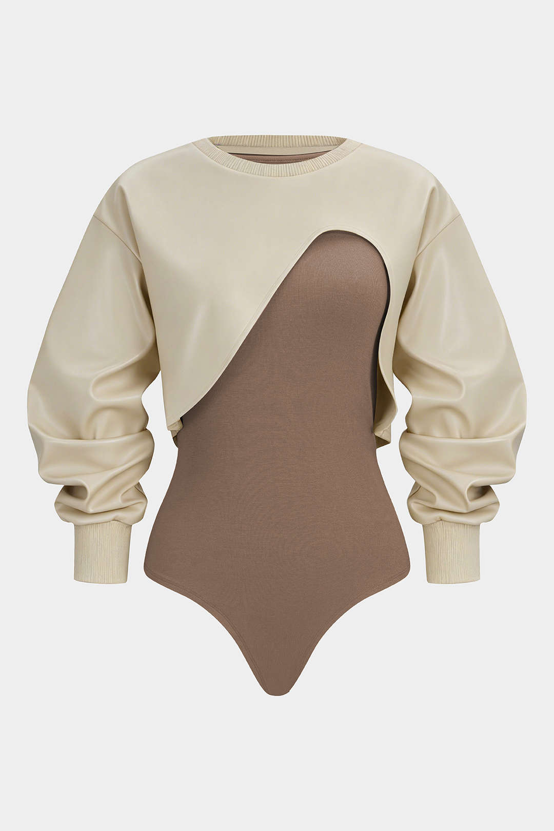 Kunstleder Patchwork Rundhals Asymmetrisch Langarm Bodysuit