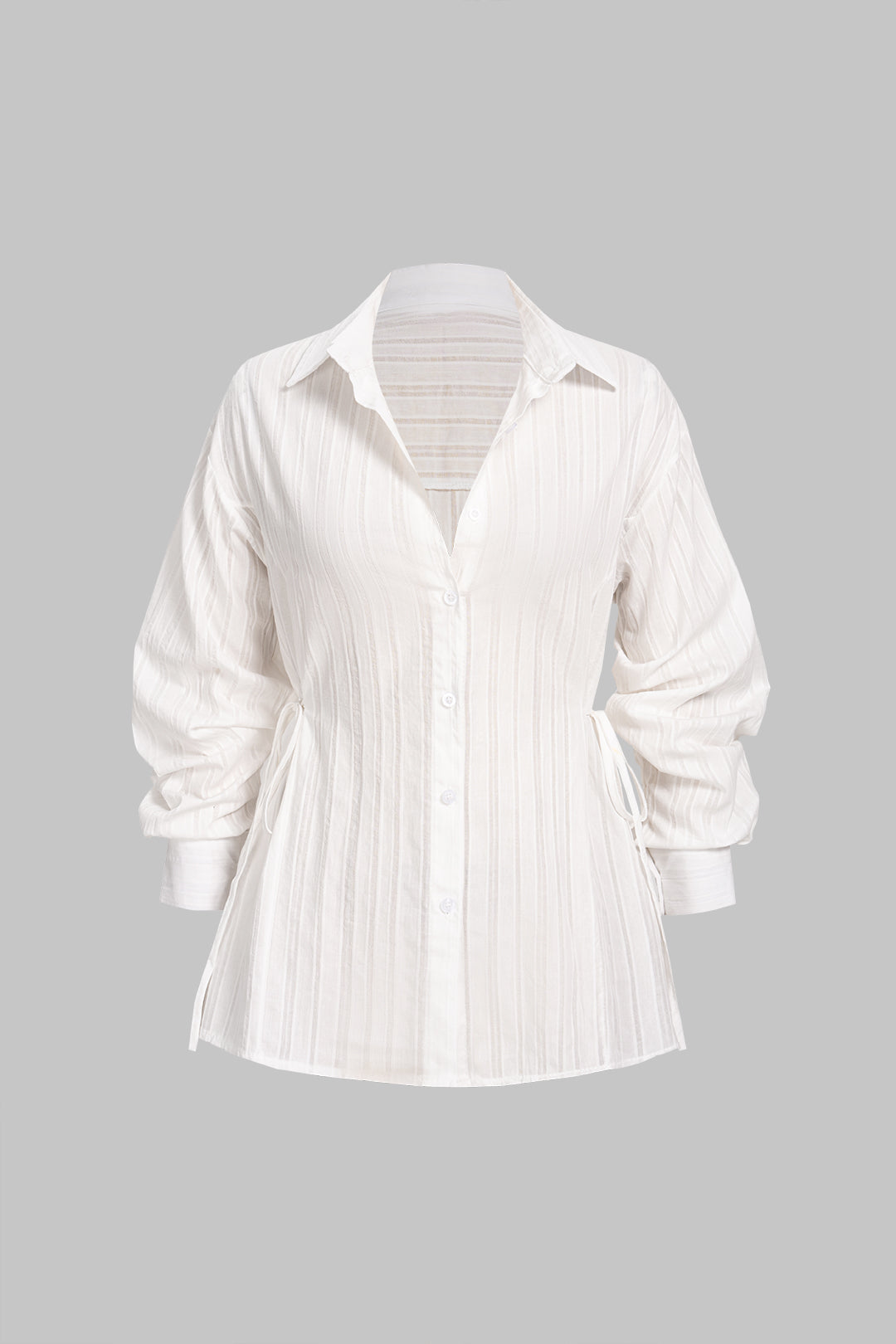 Lapel Striped Button Tie-Up Long-Sleeve Shirt