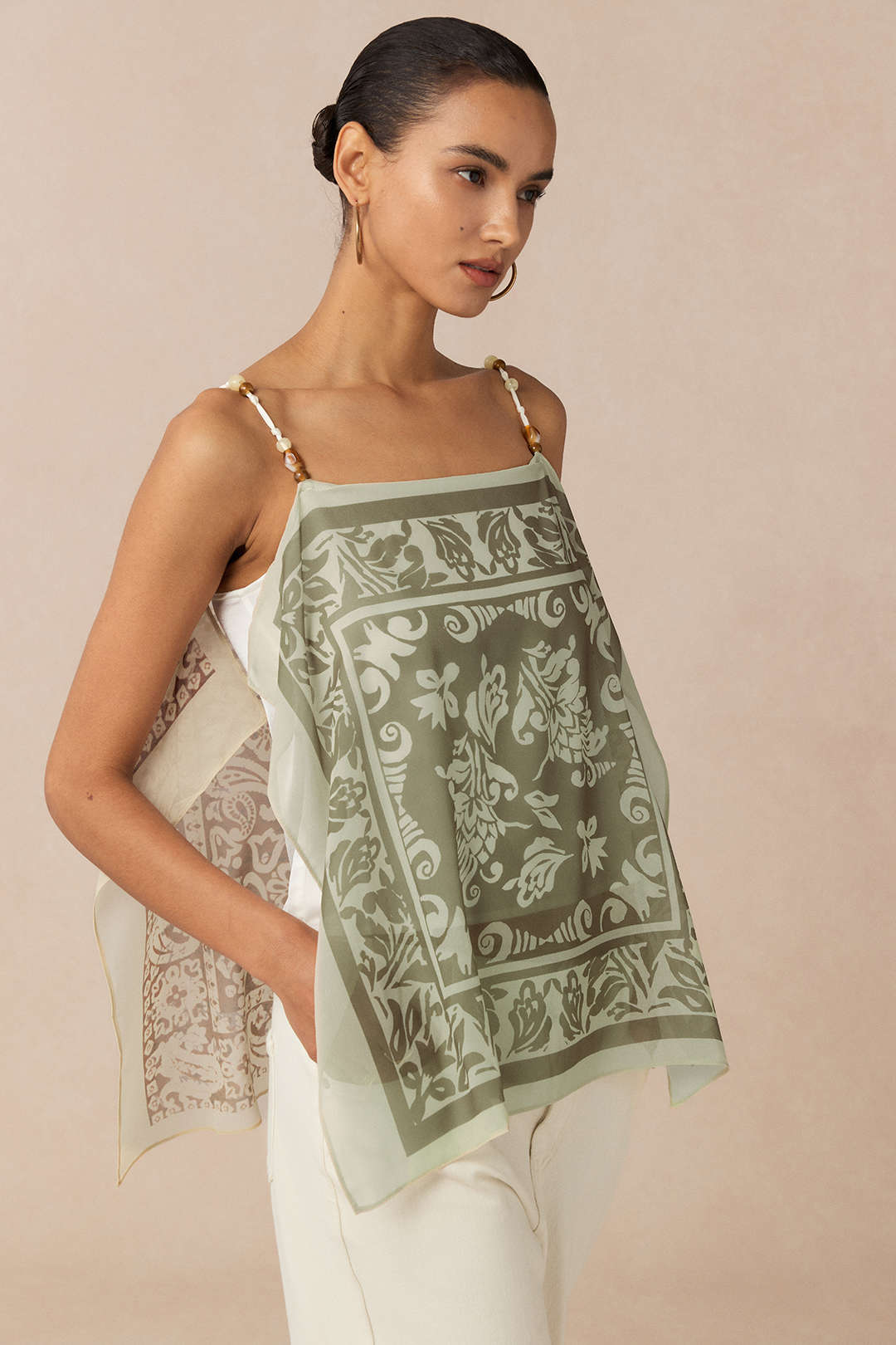 Künstlerischer Print Satin Patchwork Chiffon Perlen Cami-Top