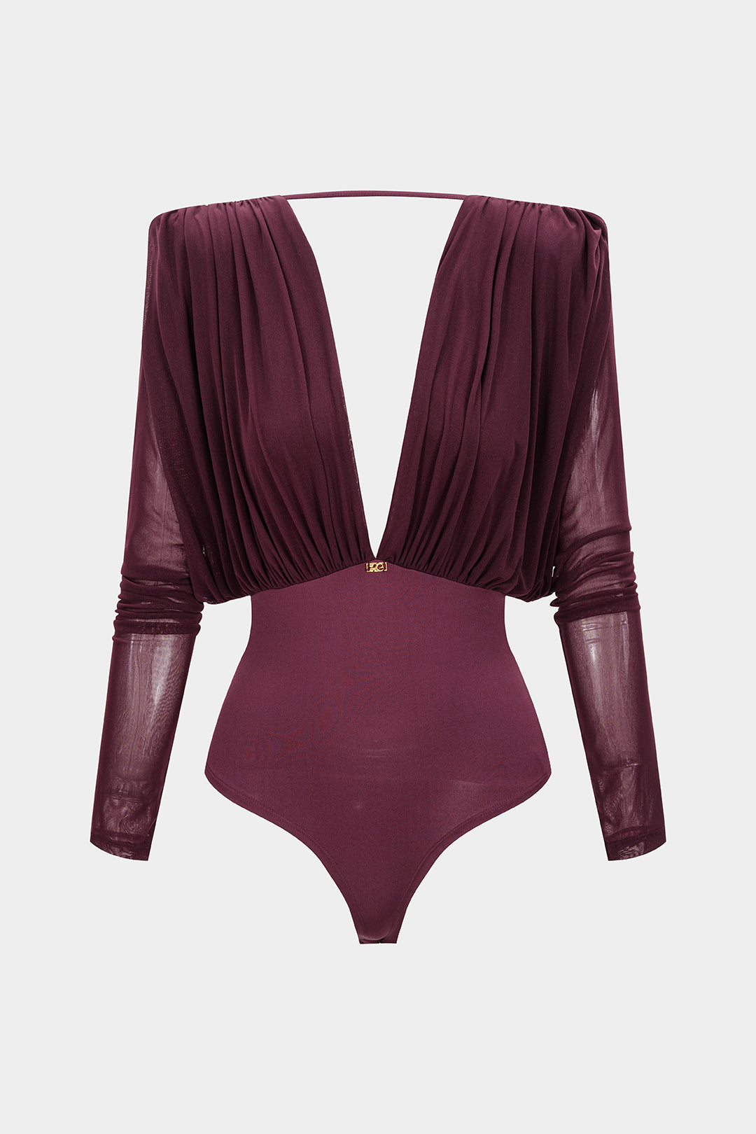 Mesh Ruched V-Neck Long Sleeve Bodysuit