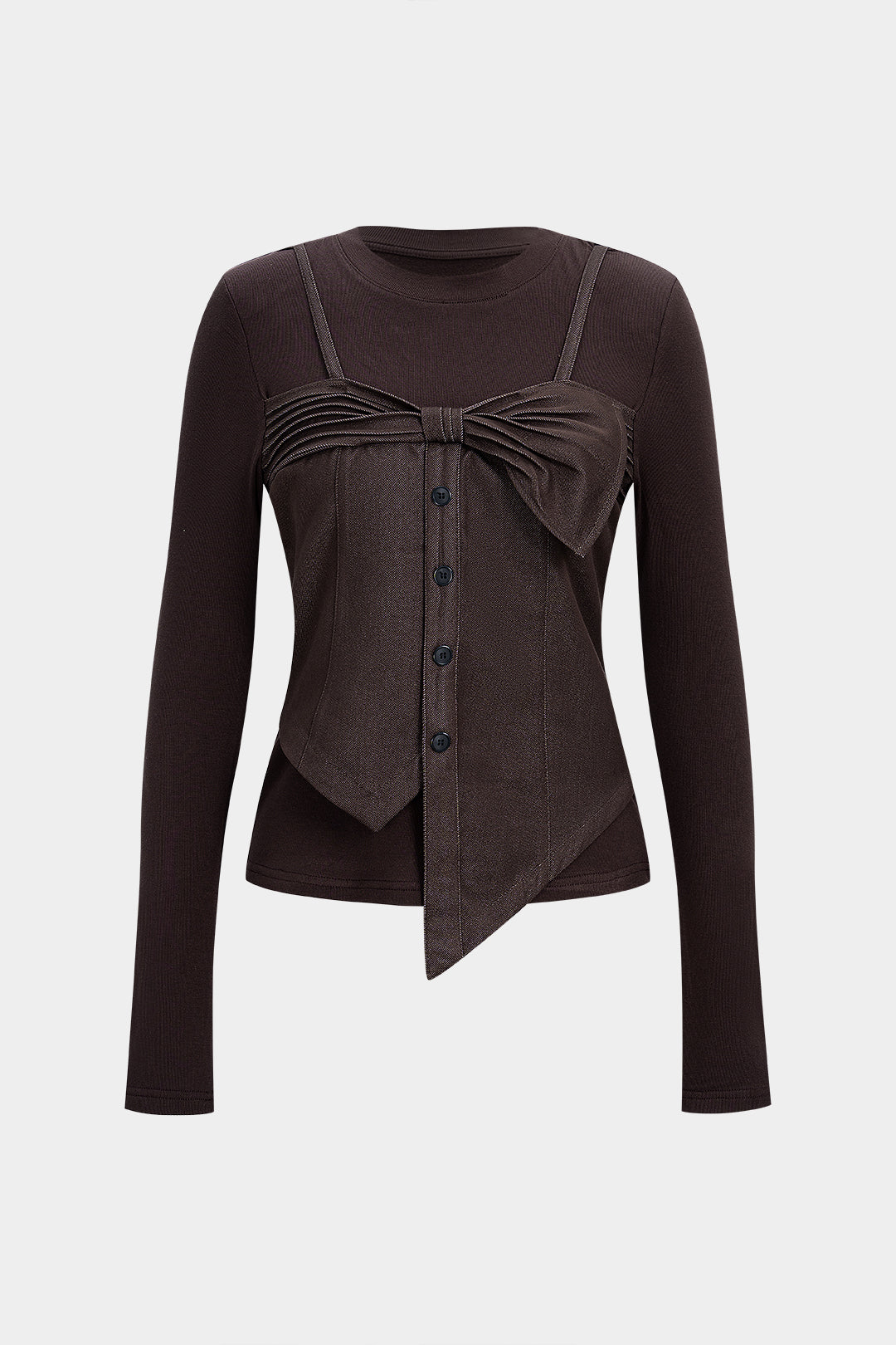 Round Neck Button Asymmetrical Long-Sleeve Top