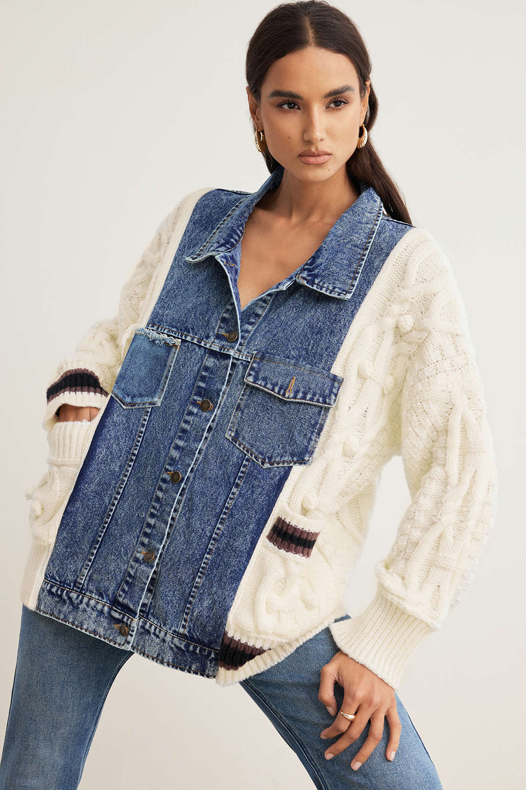 Gestrickter Denim Patchwork Cardigan