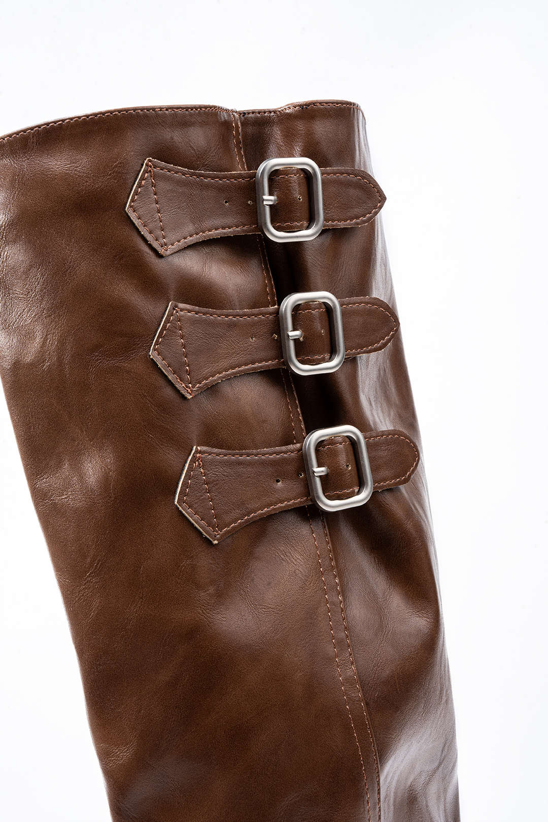 Leather Buckle Pointed Knee High Boots