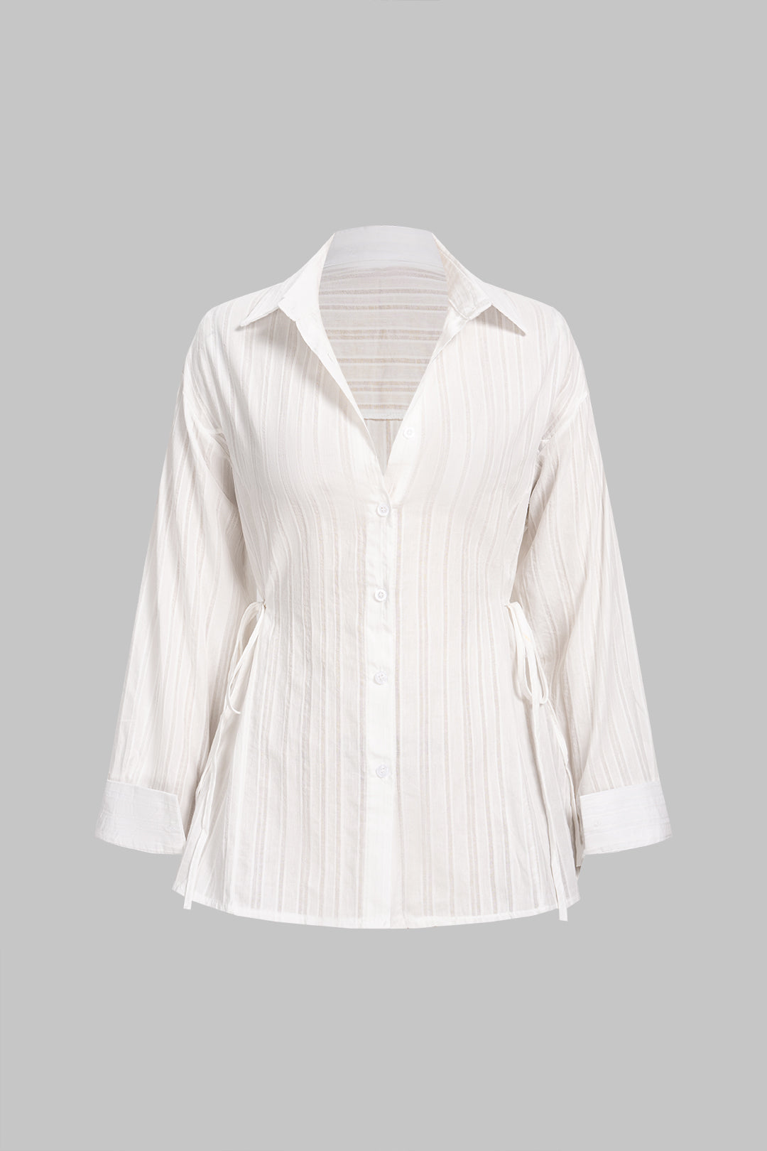 Lapel Striped Button Tie-Up Long-Sleeve Shirt