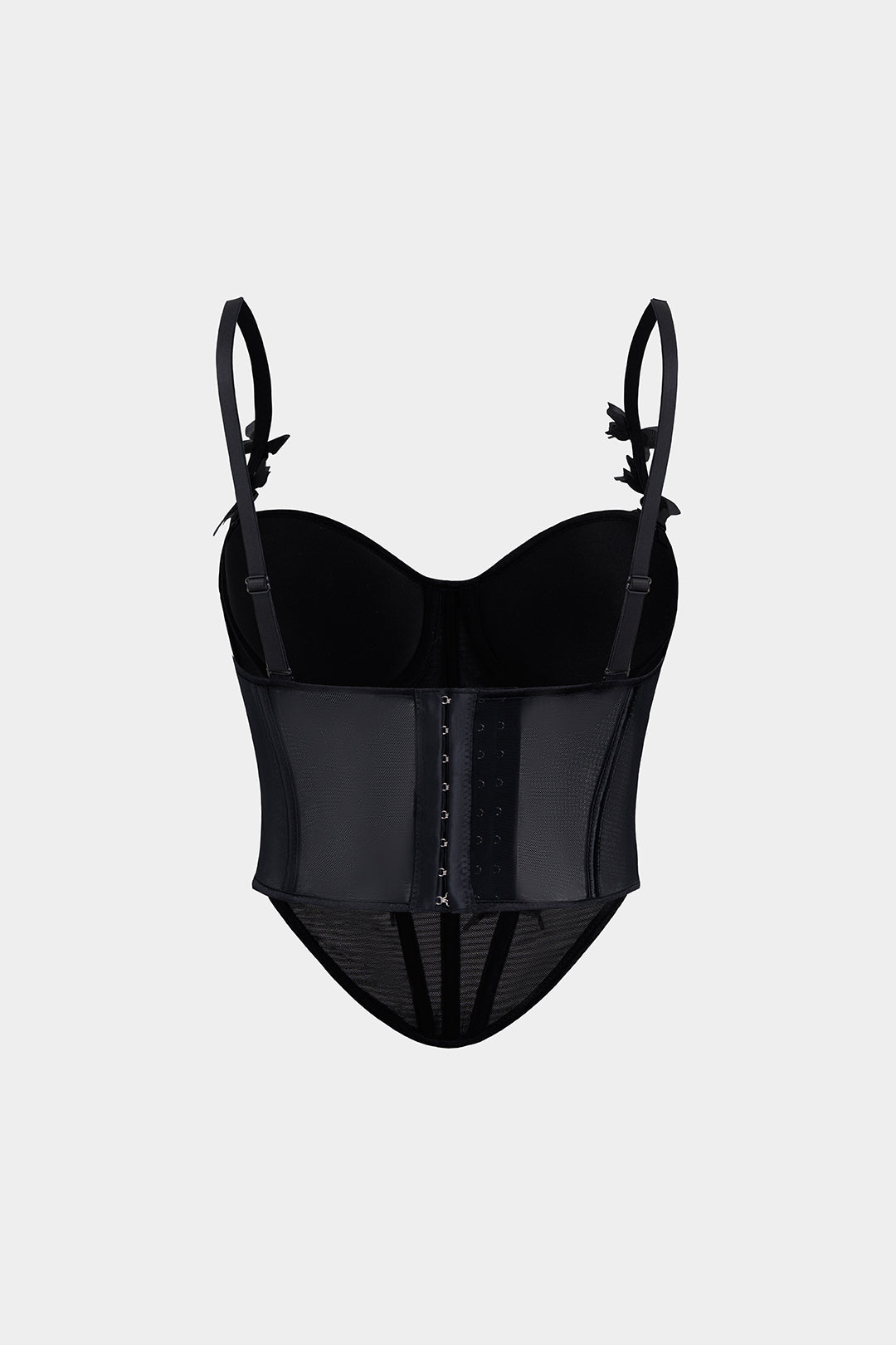 3D-Blumenapplikationen Transparentes Mesh-Korsett Rückenloses Cami-Top