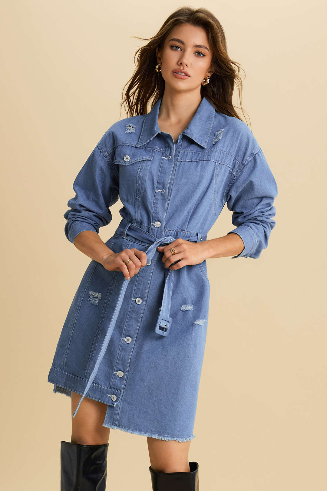 Jeanskleid mit Bindedetail und langen Ärmeln