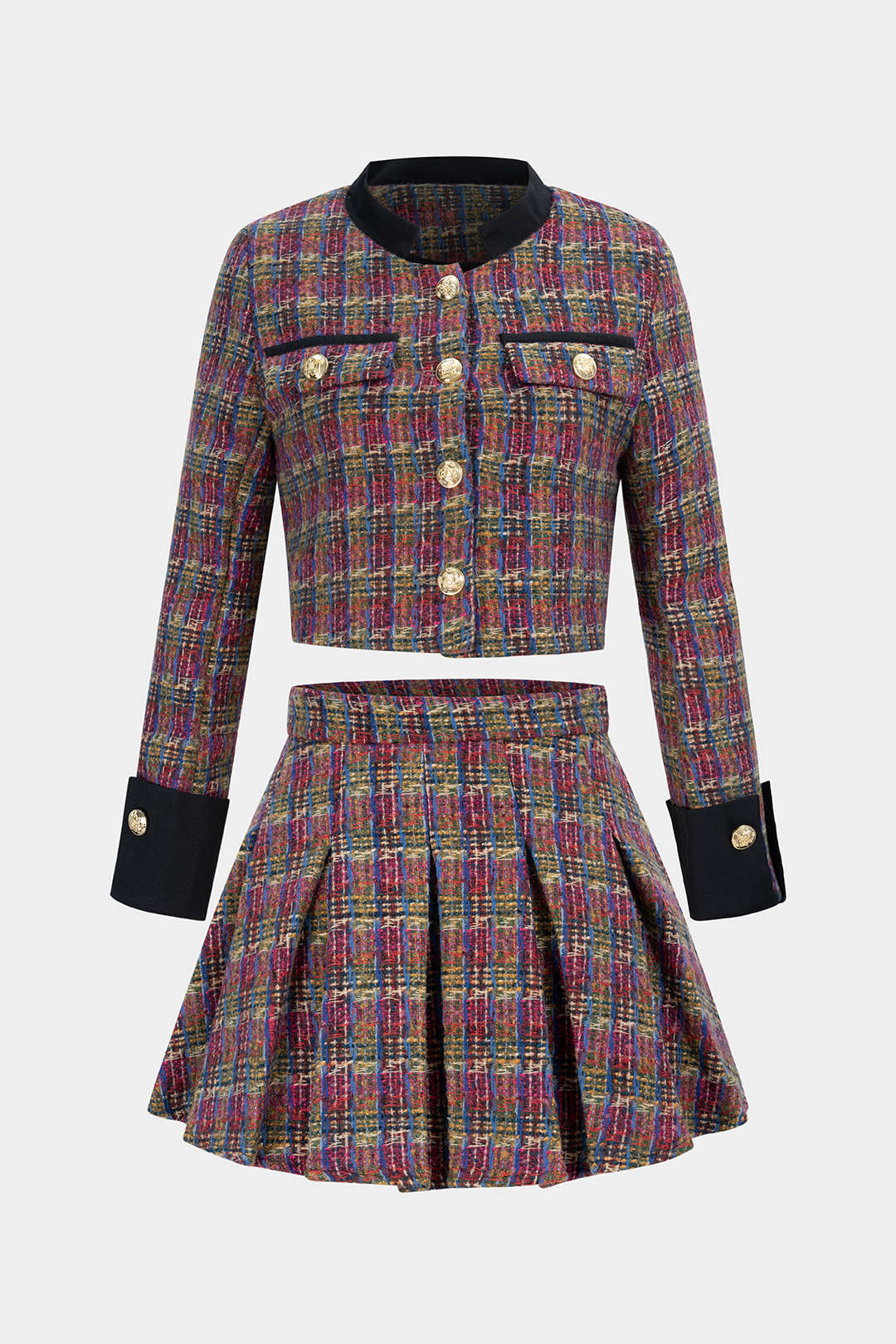 Ensemble Veste à Poches Boutonnées en Tweed Patchwork et Mini-Jupe Plissée