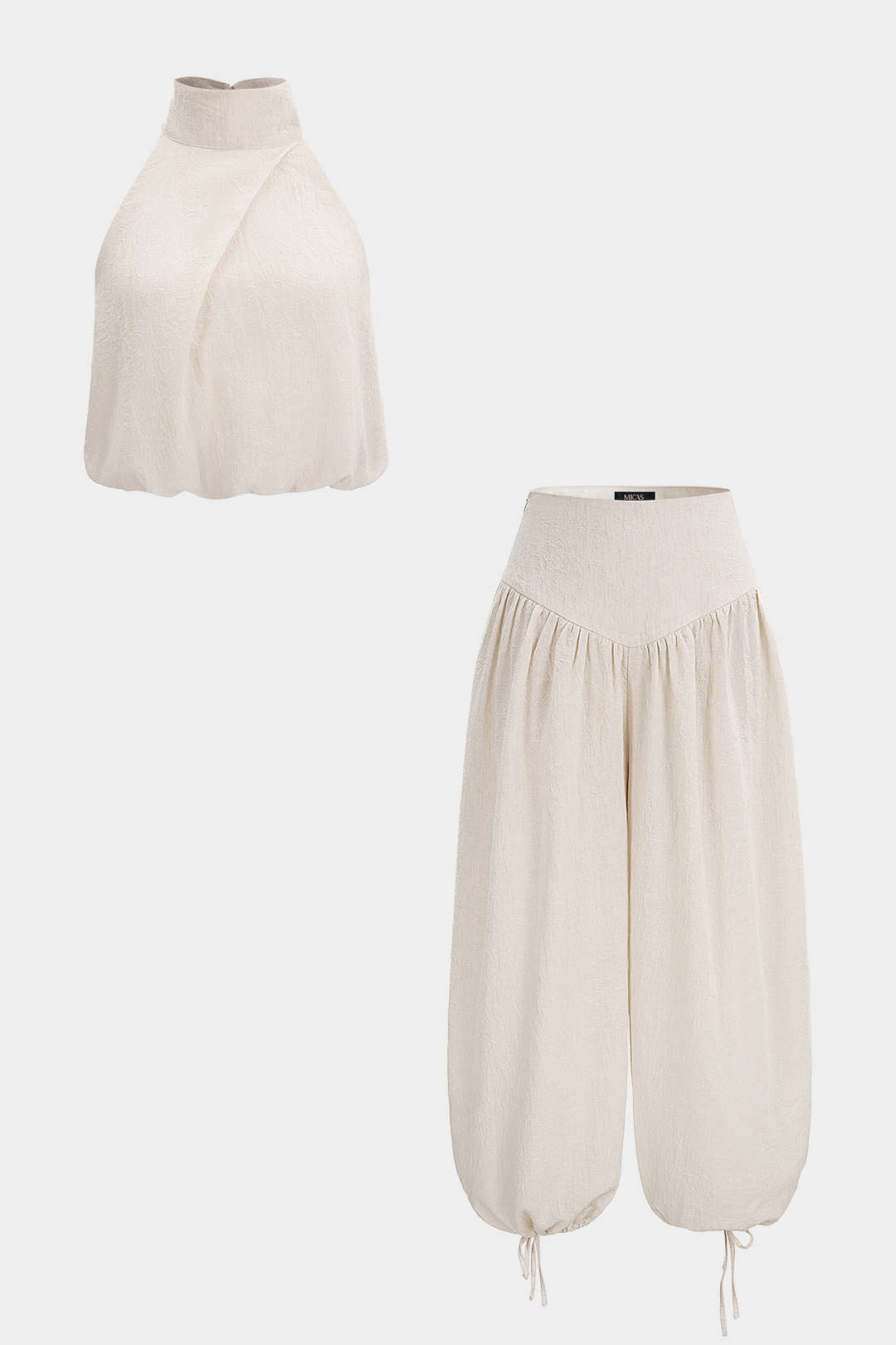 Stehkragen-Neckholder-Top ohne Ärmel und Hose mit weitem Bein und Kordelzug im Set