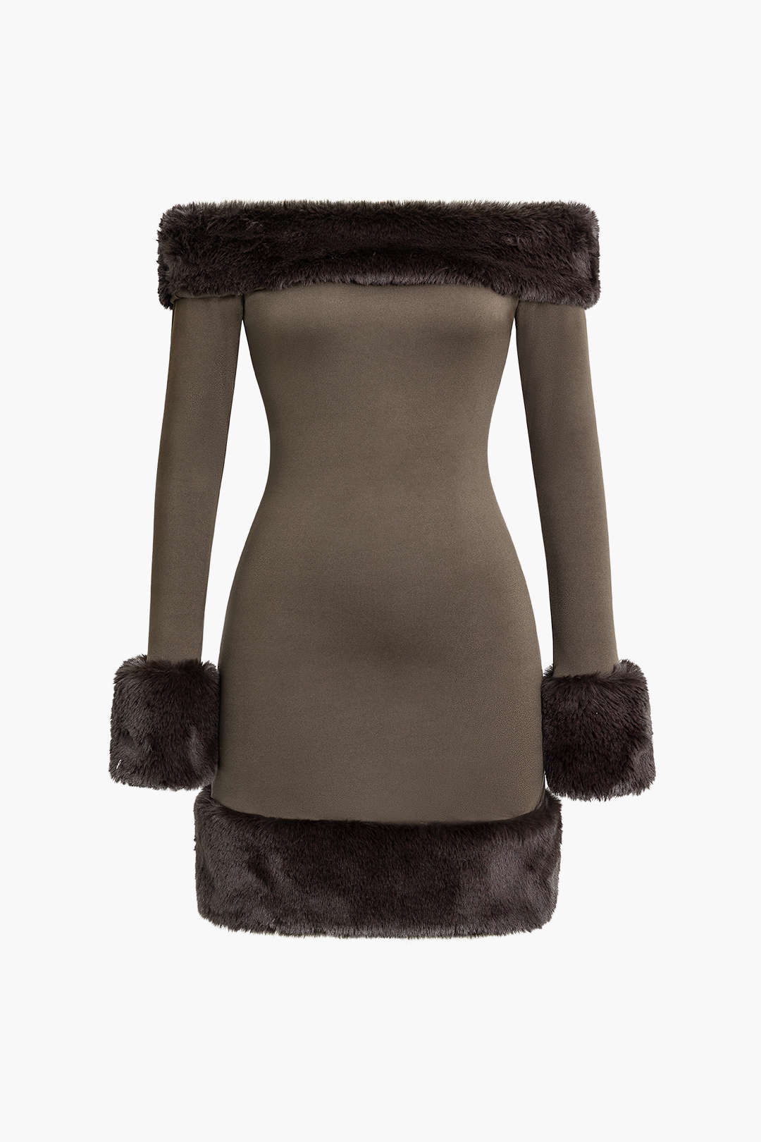 Mini-robe épaules dénudées avec bordure en fausse fourrure