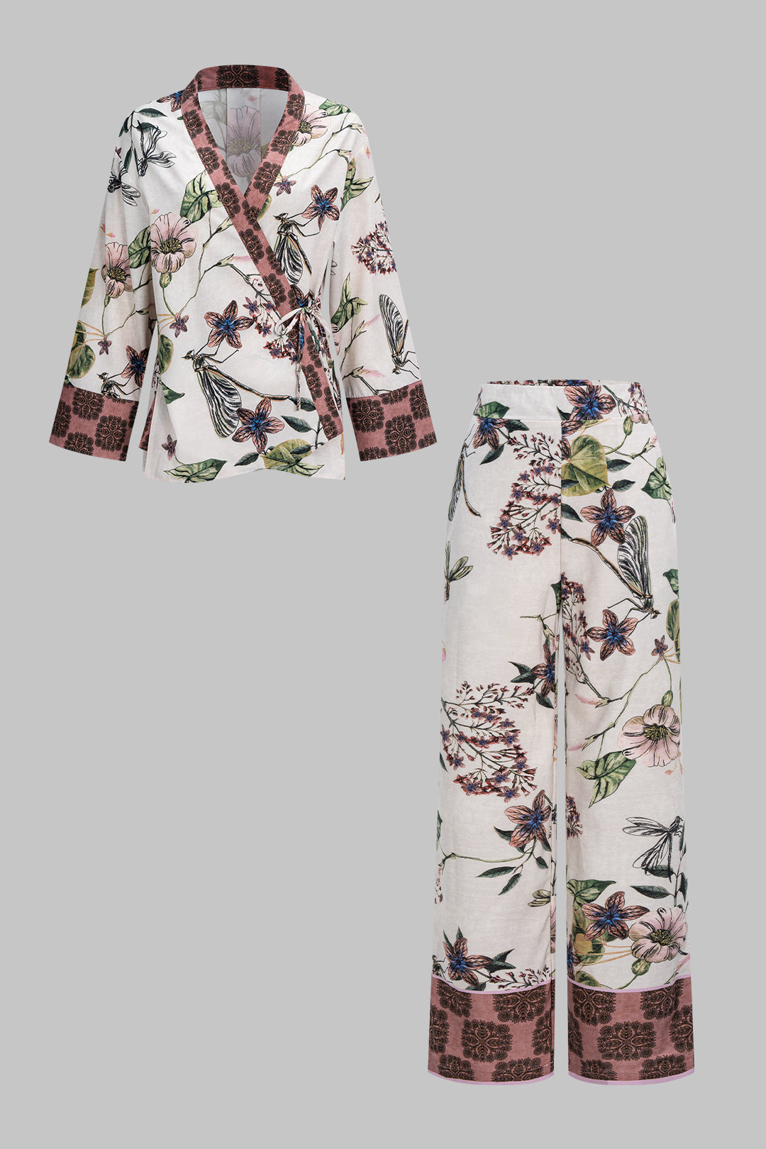 Haut à manches longues à col en V et motif floral, avec lien à nouer