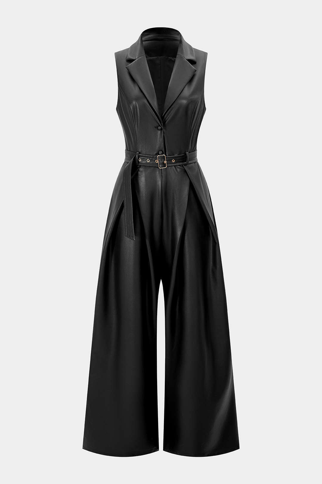 Ärmelloser Jumpsuit aus Kunstleder mit Bindegürtel