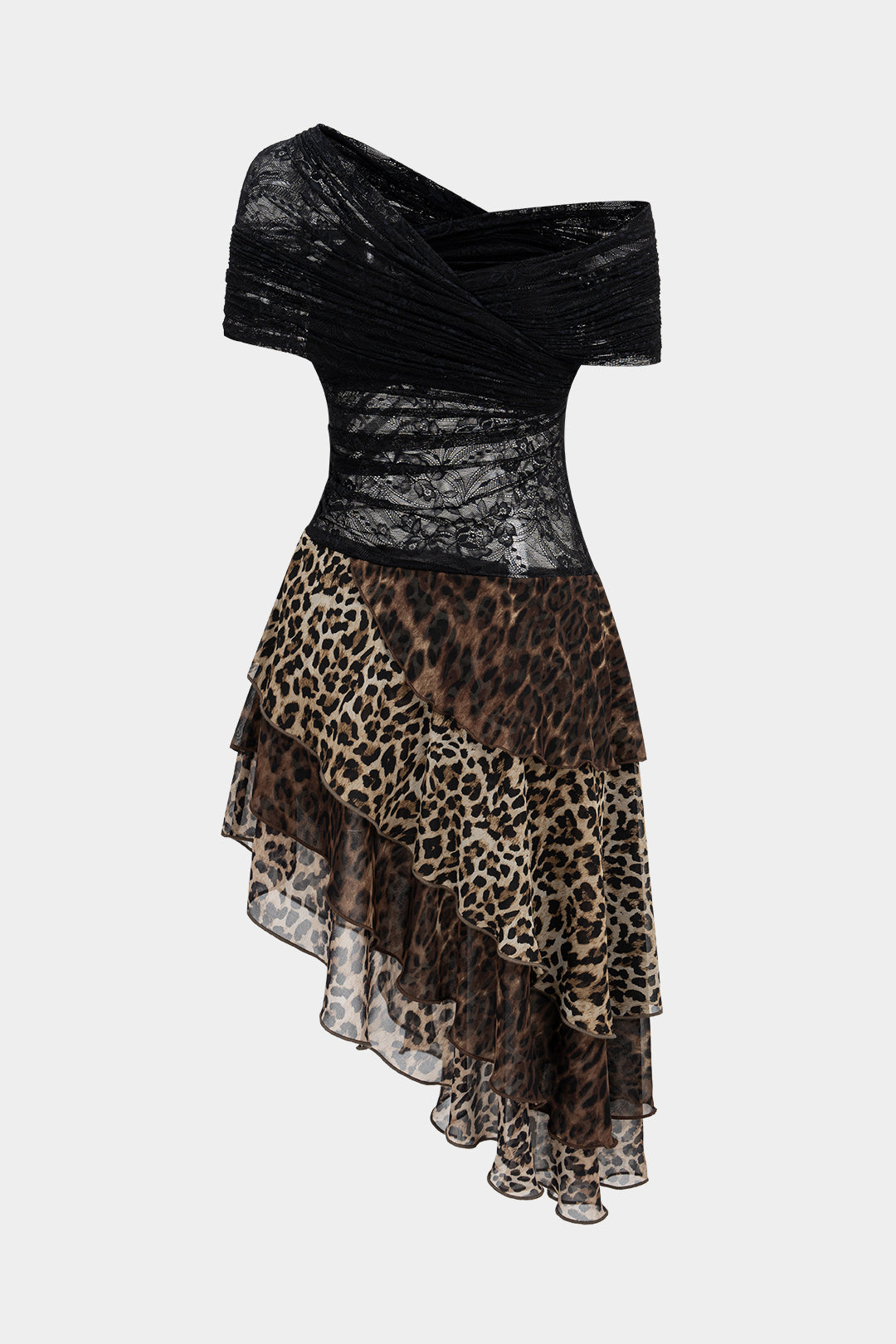 Leopardenmuster Spitze Patchwork Asymmetrischer Saum Ärmelloses Minikleid