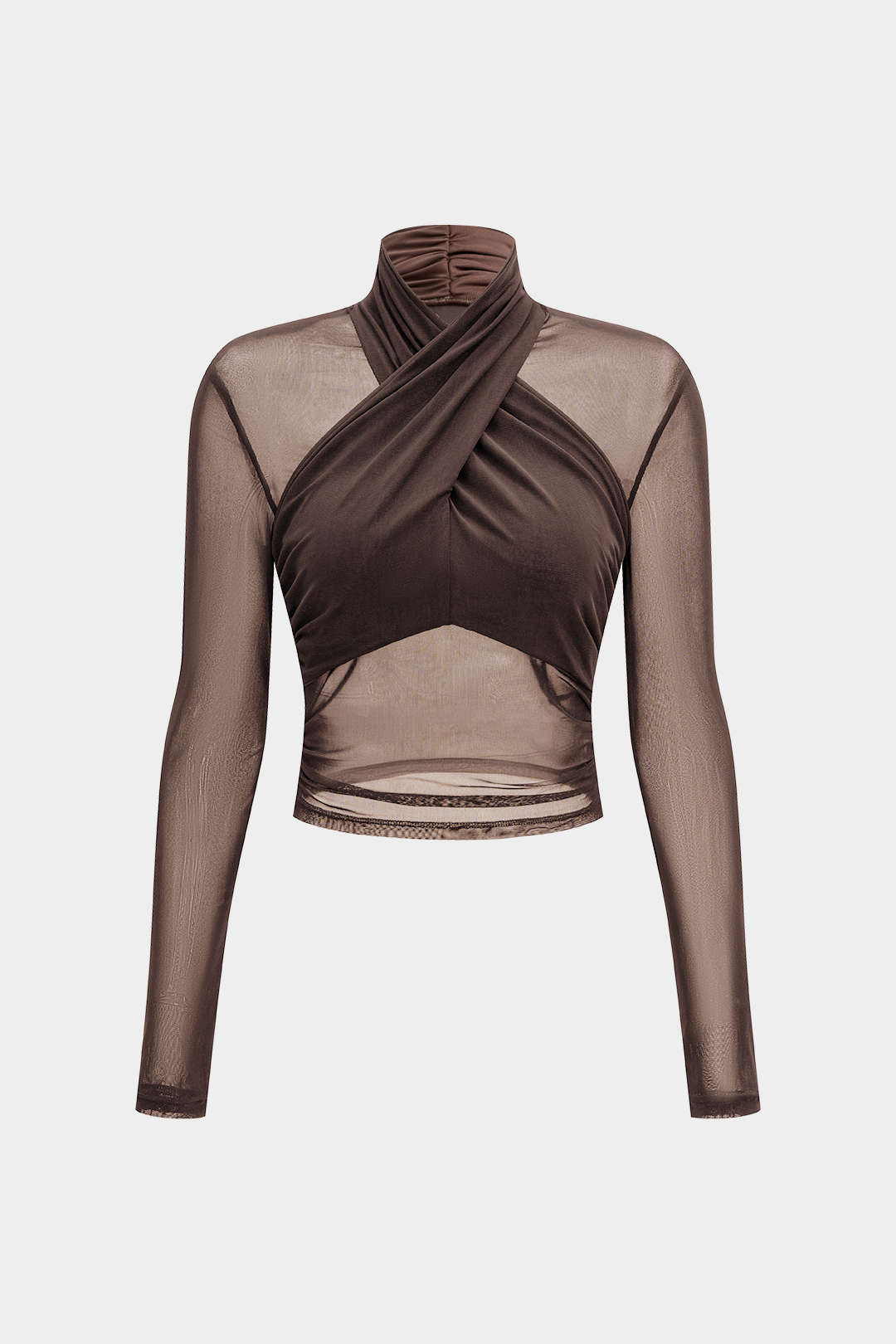 Mesh Sheer Ruched Long-Sleeve Top