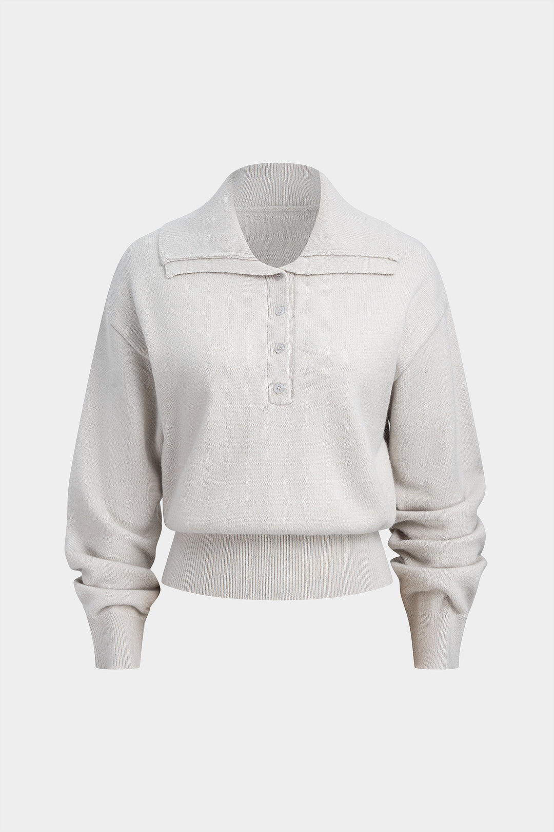 Knit Button Polo Collar Long-Sleeve Top