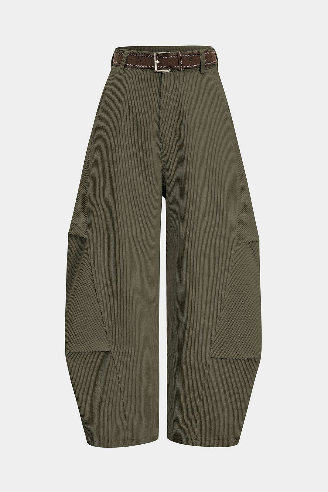 Cordhose mit Gürtel, geraffter hoher Taille und weitem Bein