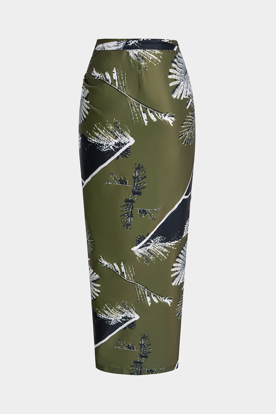 Satinrock mit Blätterprint, asymmetrischem Bindedetail und Raffung