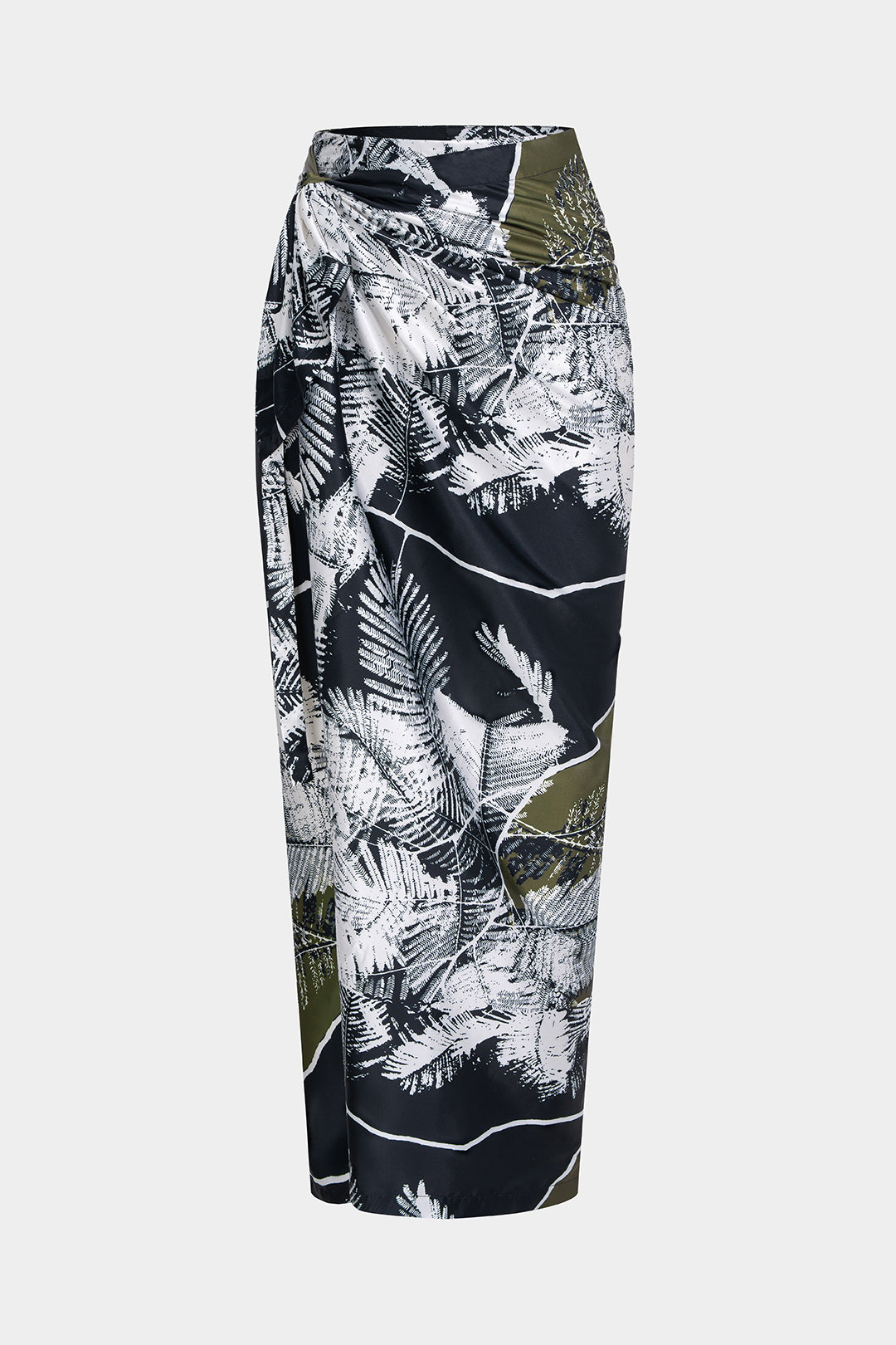 Satinrock mit Blätterprint, asymmetrischem Bindedetail und Raffung