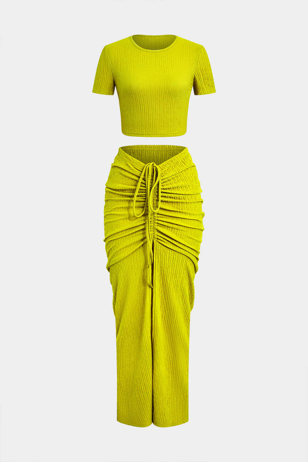Ensemble crop top texturé et jupe froncée à cordon de serrage