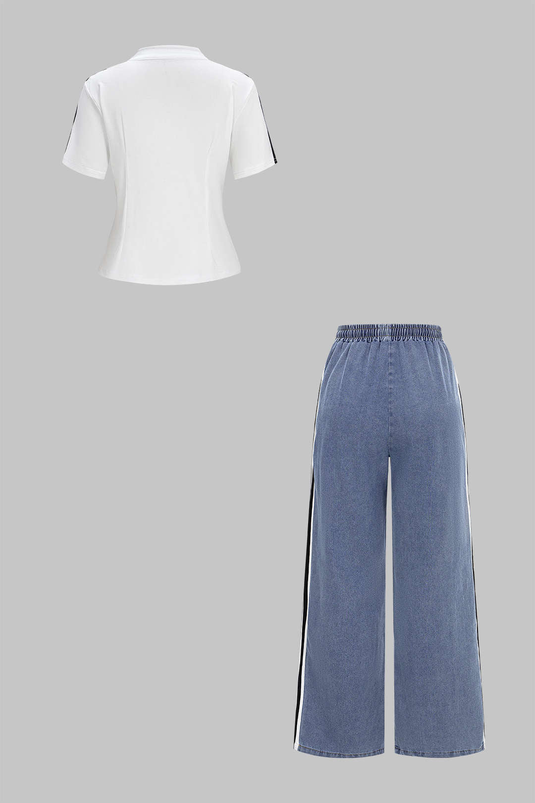 Denim-Patchwork-Stehkragen-Reißverschluss-Kurzarm-Oberteil und Jeans-Set mit geraffter Taille und Tunnelzug