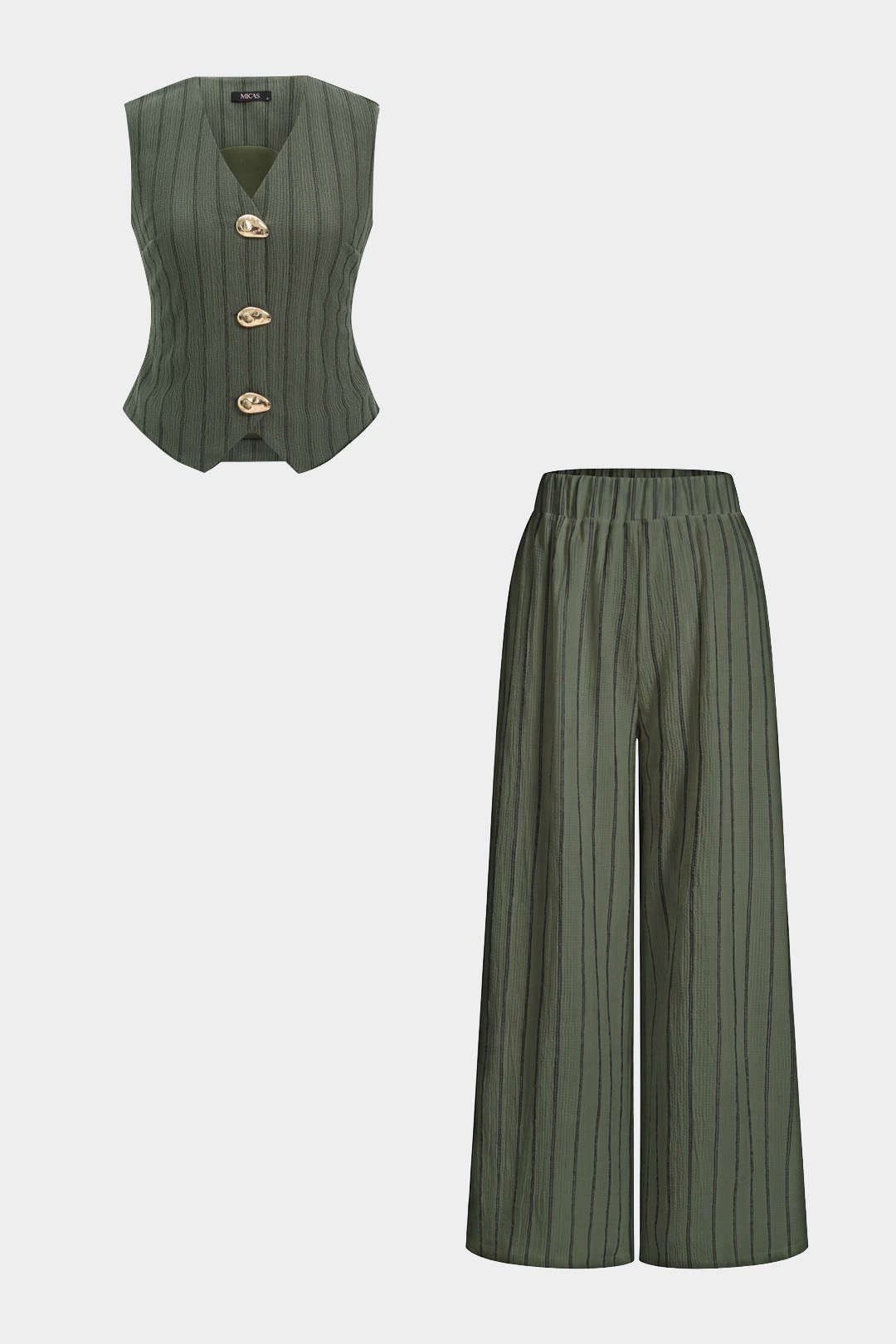 Gestreifte V-Ausschnitt-Knopfweste und Hose mit geradem Bein Set