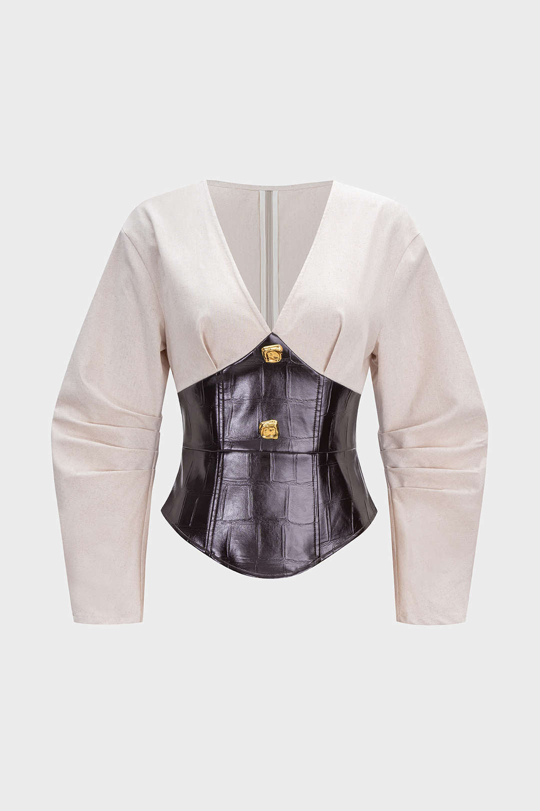Faux Leather Metallic Button V-Neck Waist-Cinching Long-Sleeve Shirt