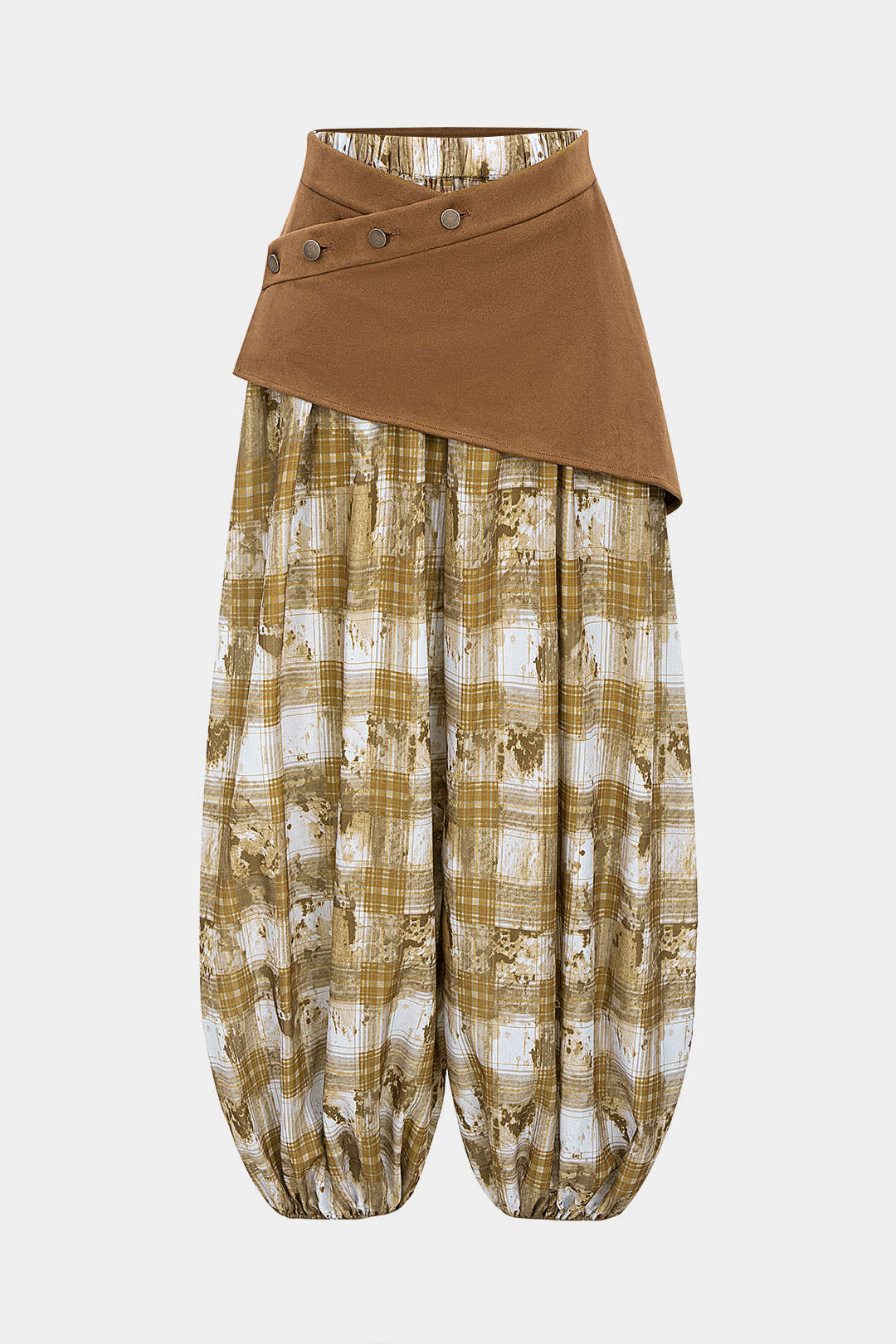 Plaid Print Shirred Waistband Patchwork Button Asymmetrical Lantern Trousers