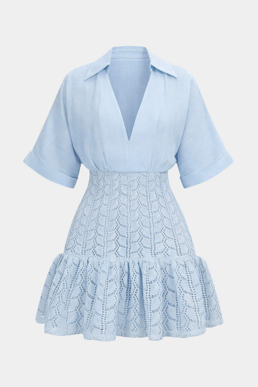 Jacquard Patchwork Linen Ruched V-Neck Short Sleeve Mini Dress