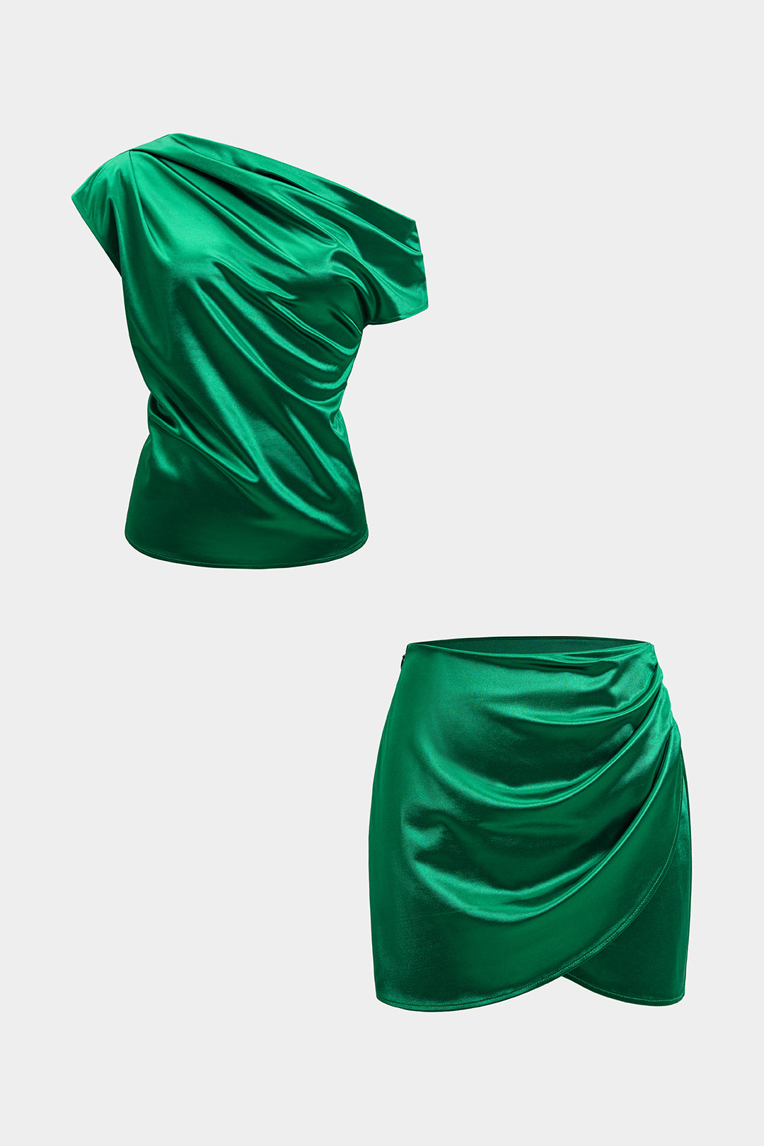Satin One Shoulder Ruched Top And Asymmetrical Skirt Set