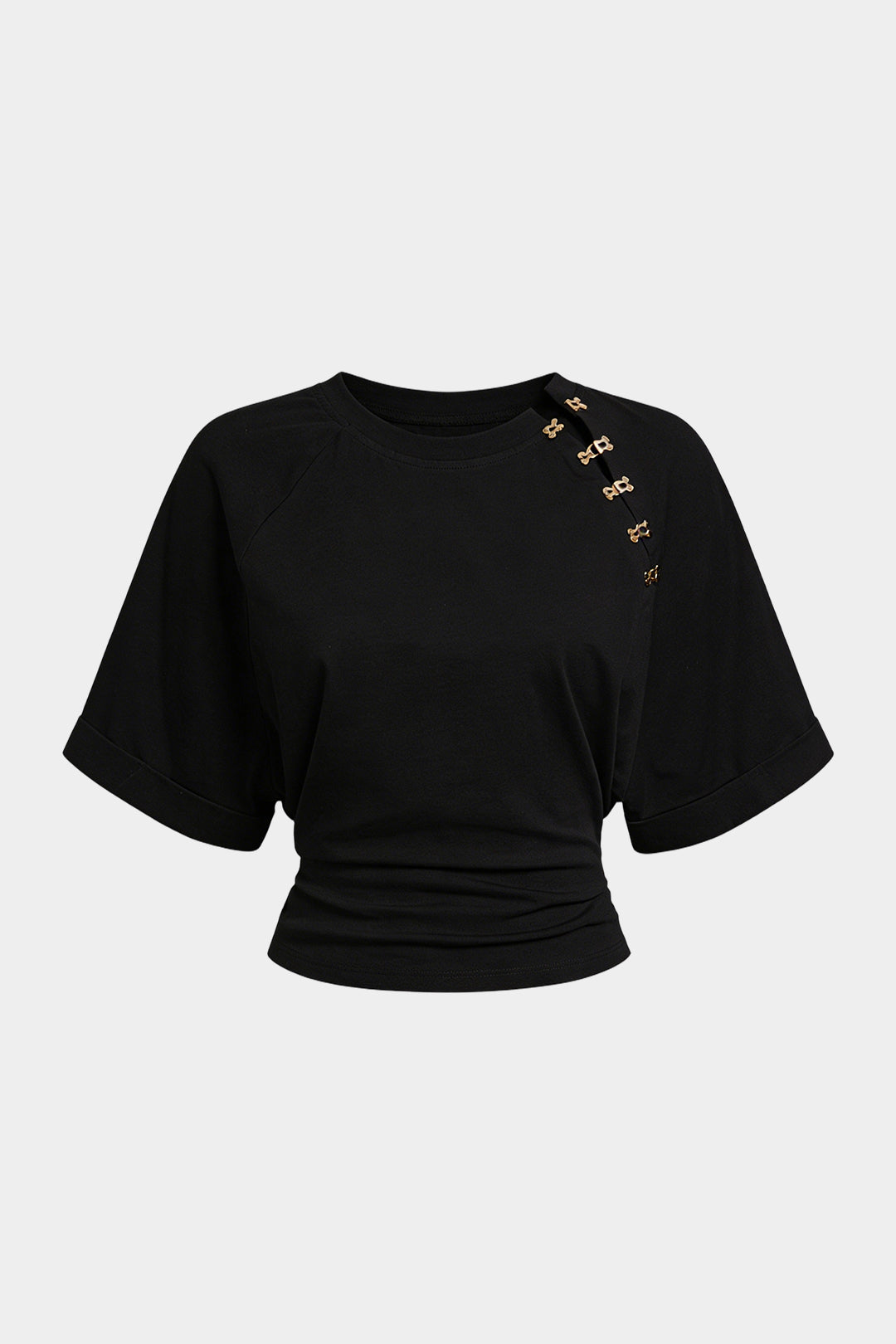 Metallic Buckle Round Neck Short Sleeve T-Shirt