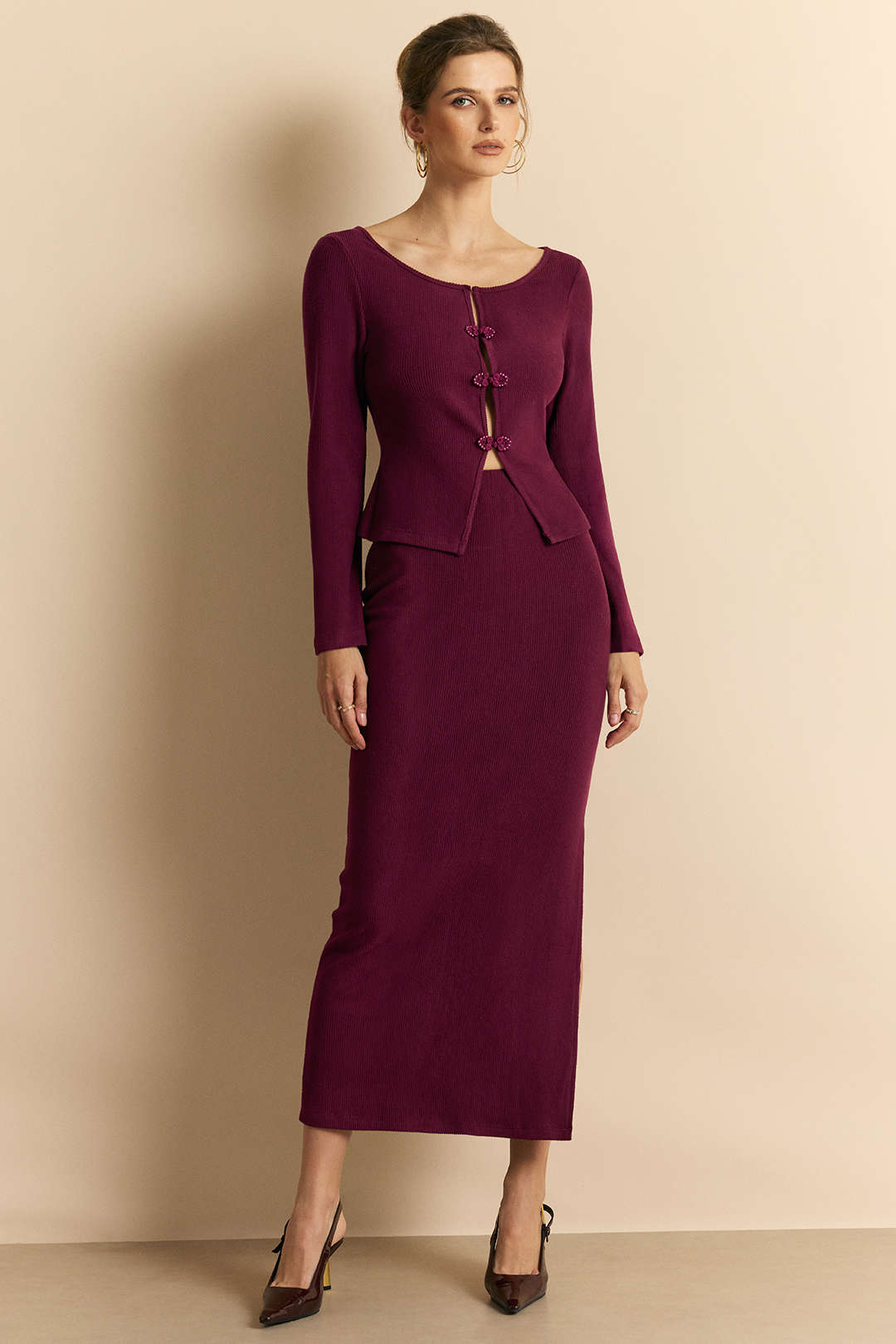 Knit Frog Button Long-Sleeve Top And Skirt Set