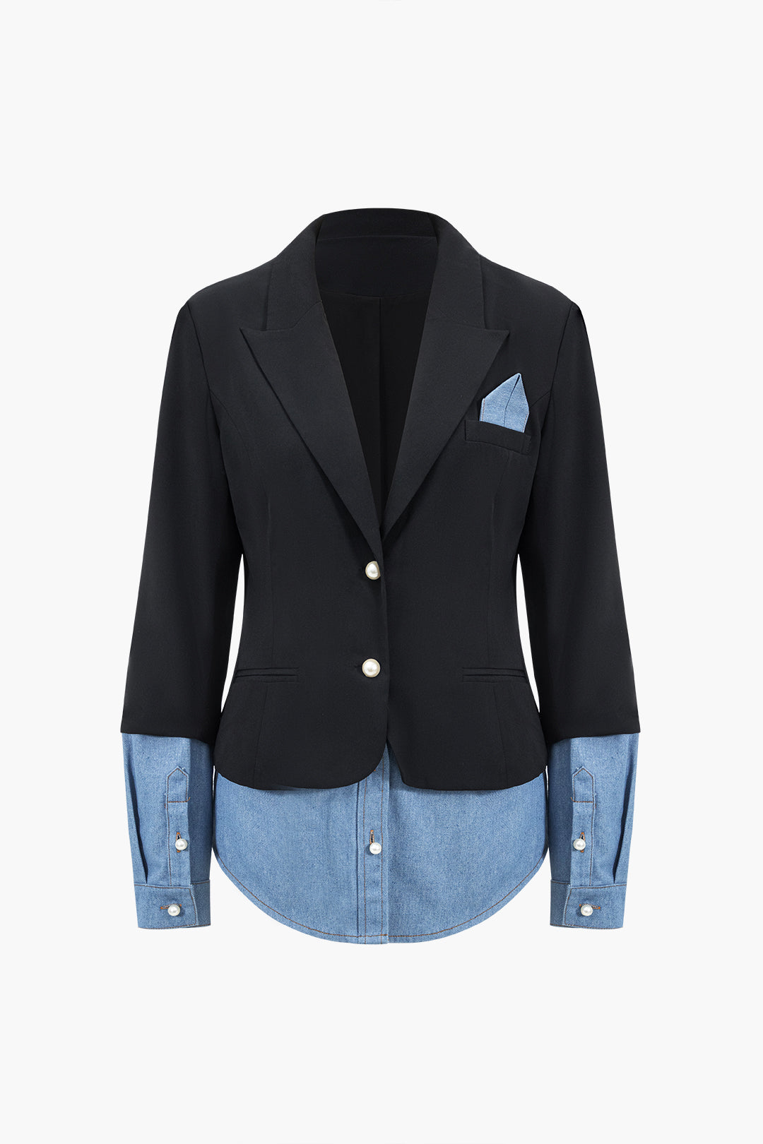 Blazer en jean à patchwork et revers crantés