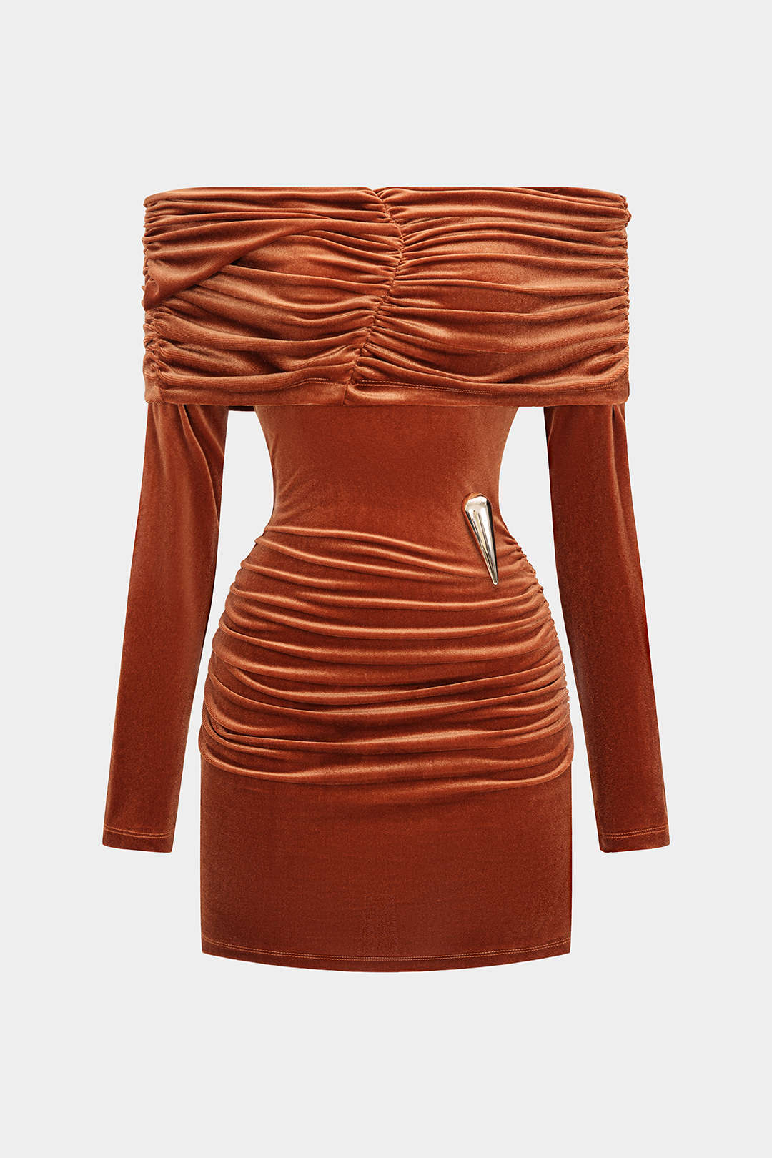 Off Shoulder Metallic Decor Ruched Long Sleeve Mini Dress