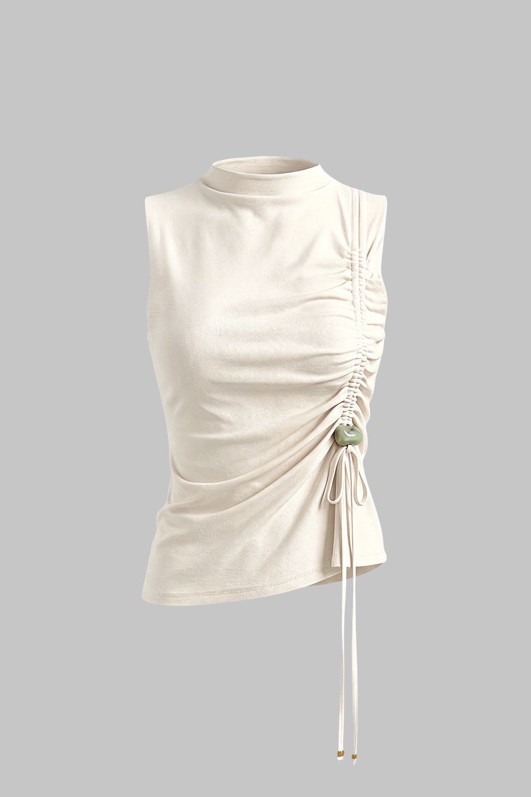Mock Neck Asymmetrical Drawstring Ruched Beaded Tank Top