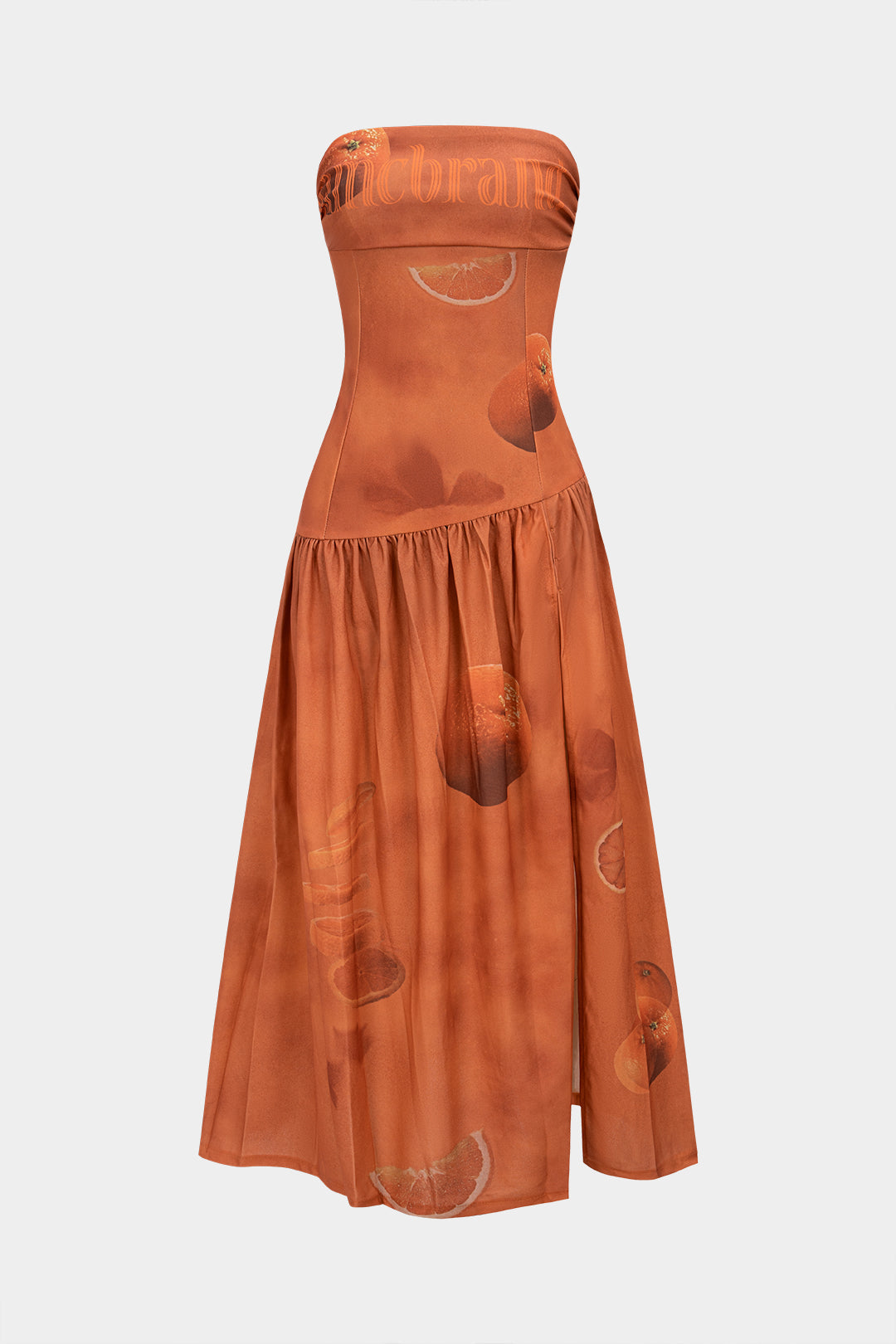 Ärmelloses Midi-Kleid mit geraffter, trägerloser Frucht-Buchstaben-Print