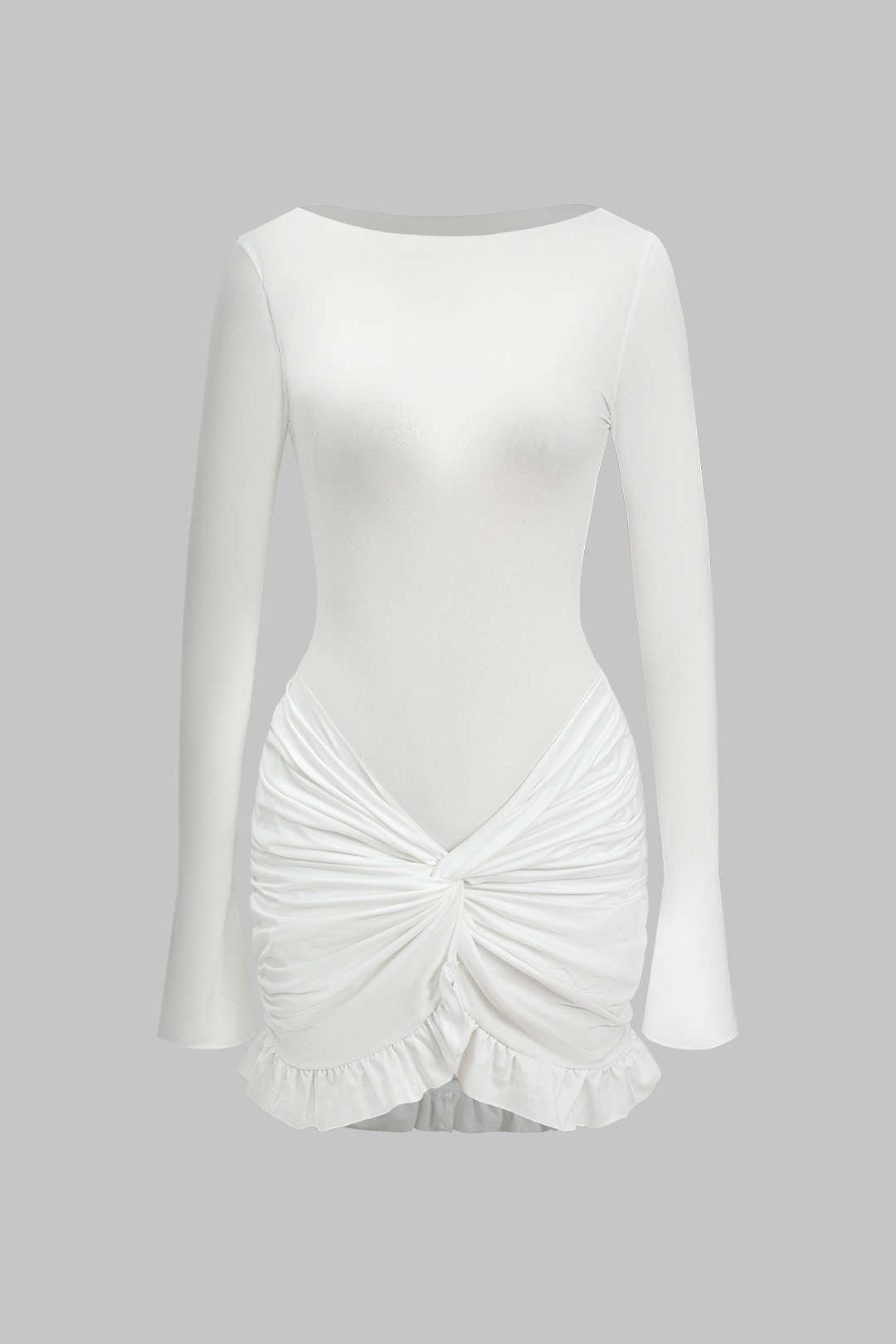 Solid Ruffle Ruched Twist Long Sleeve Mini Dress