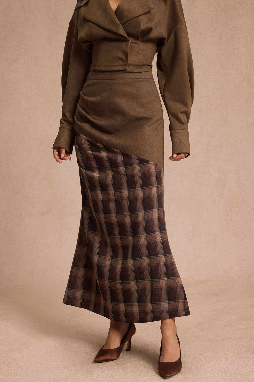High Waist Rock aus Wildleder-Patchwork mit Karomuster