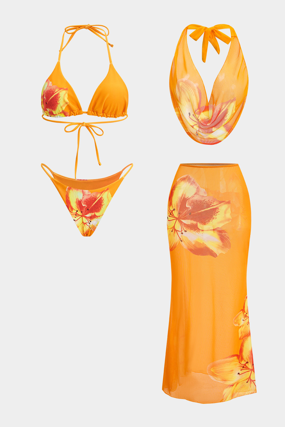 Bikini-Set mit Blumenmuster, Netzstoff und Schnürung