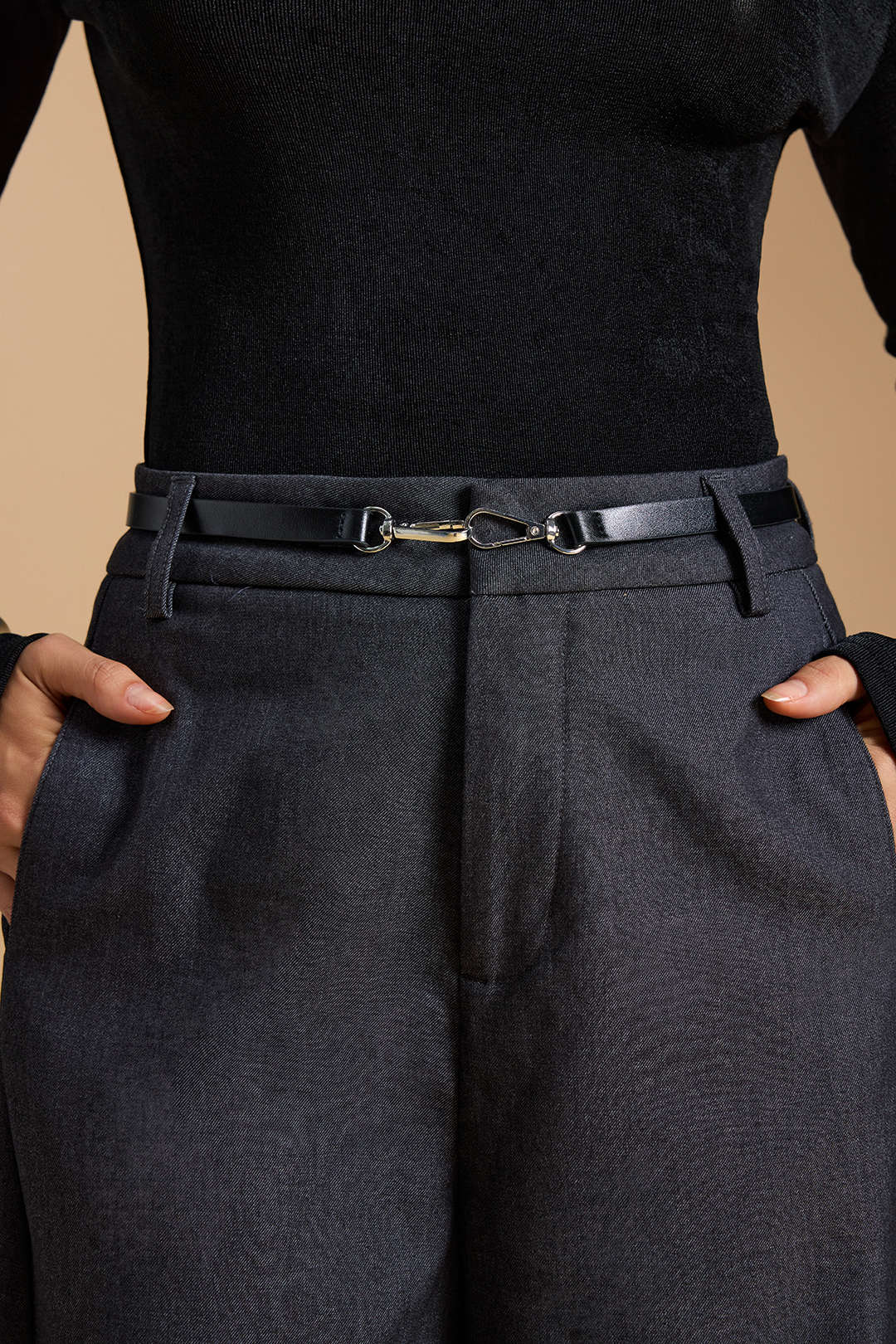 Zipper Belted Wide Leg Trousers