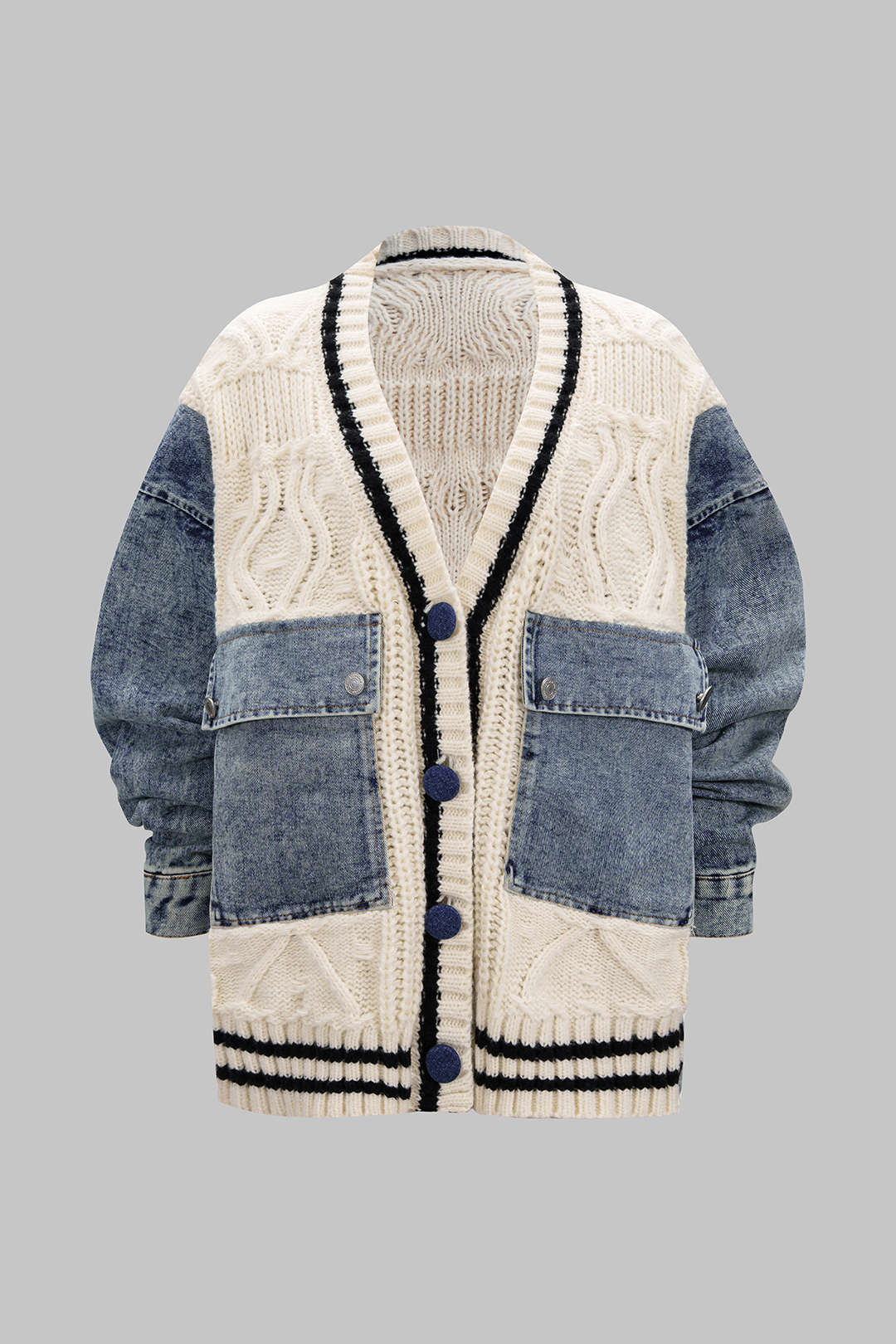 Denim-Patchwork-Strickoberbekleidung