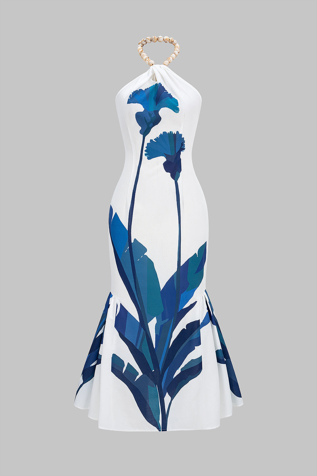 Robe longue sans manches froncée à imprimé floral et col licou