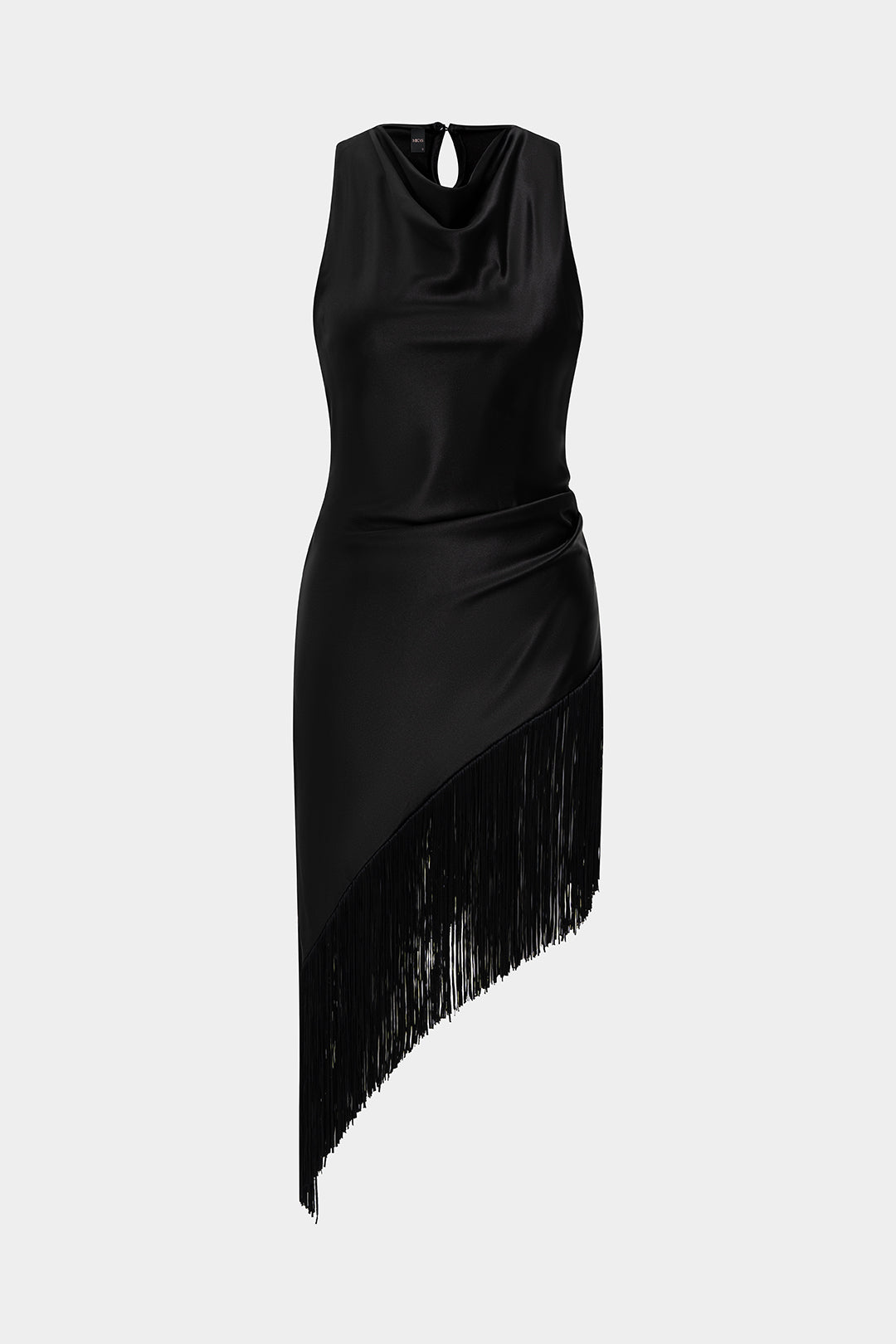 Satin Midi-Kleid mit drapiertem Wasserfallausschnitt, asymmetrischem Fransen-Saum und ärmellosem Design
