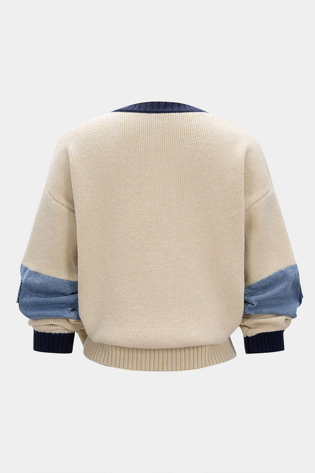 Strick-Denim-Patchwork-Langarmtop mit Kontrastrippen