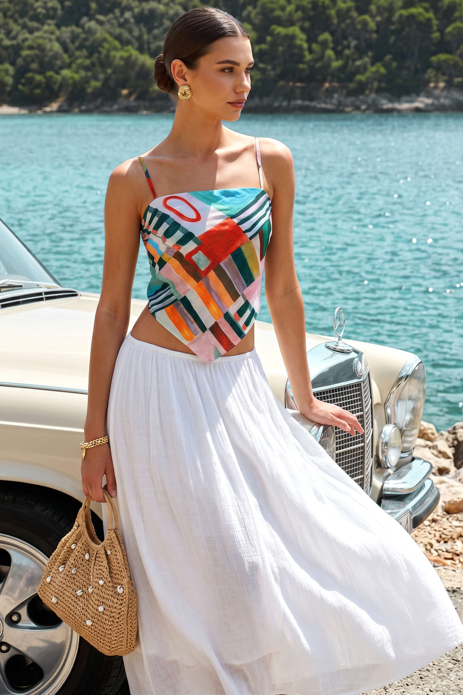 Abstraktes geometrisches Print-Cami-Top mit Knoten