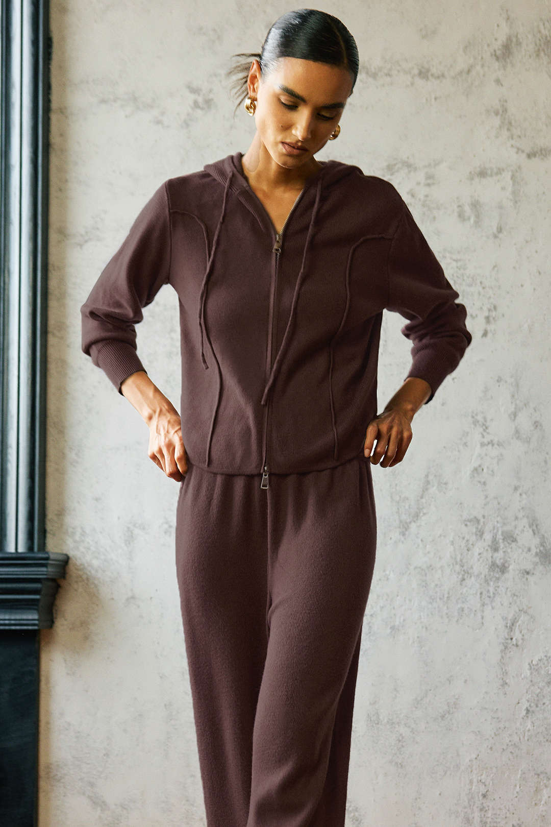 Strick-Reißverschluss-Kapuzenpullover, Cardigan und Hose mit weitem Bein Set