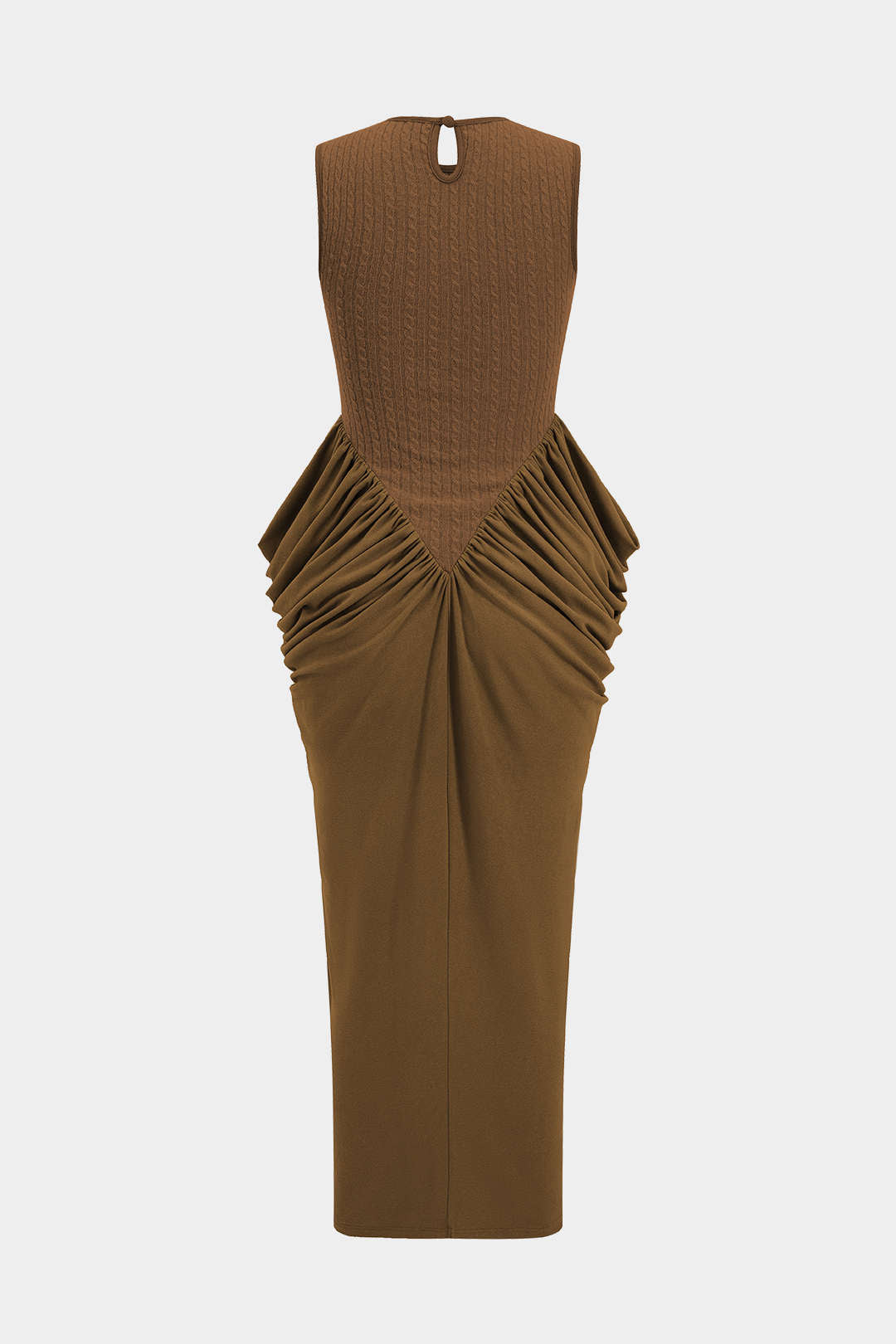 Robe longue sans manches froncée à col rond et fente