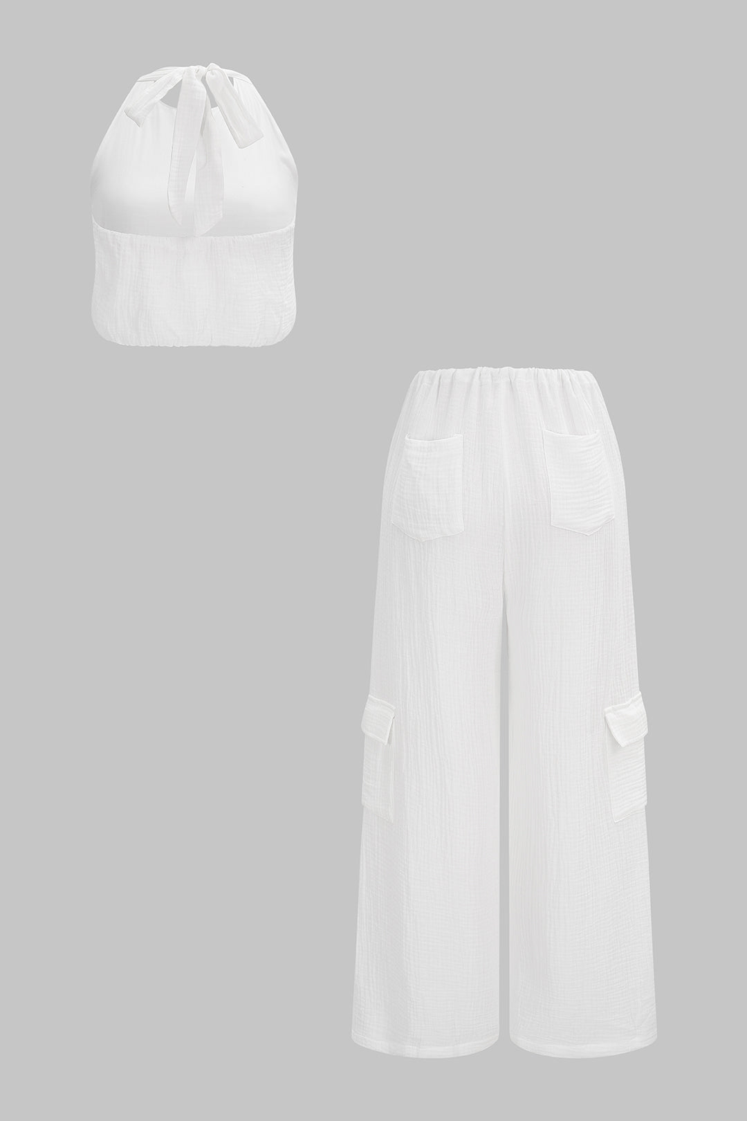 Ärmelloses Oberteil mit Rundhalsausschnitt und Rückenausschnitt und Hose mit weitem Bein und Kordelzugtasche Set
